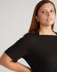Envelope Neck Ponte Dress - Fine Grey Pinstripe