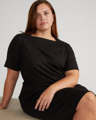 Envelope Neck Ponte Dress - Fine Grey Pinstripe
