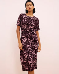 Delilah Liquid Jersey Dress - Rose Print in Black Cherry