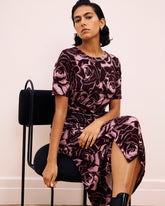 Delilah Liquid Jersey Dress - Rose Print in Black Cherry