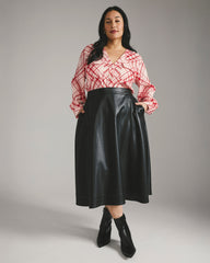 Cooling Stretch Cupro Button-Down Blouse - Red Plaid Print