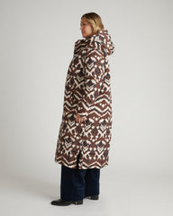 Everest Long Hooded Puffer 2 - Chocolate Ikat Print