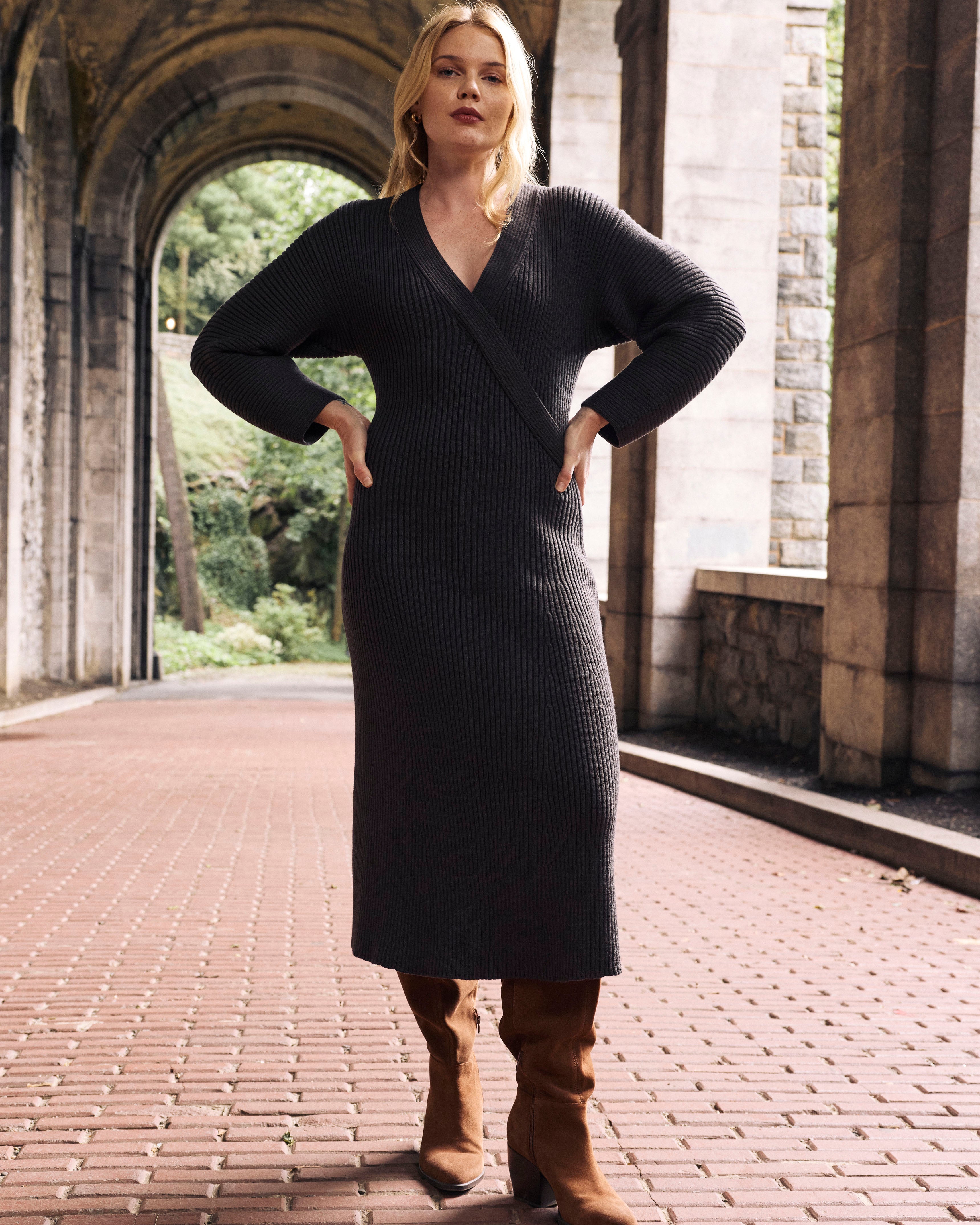 Better-Than-Wool Faux Wrap Dress - Graphite