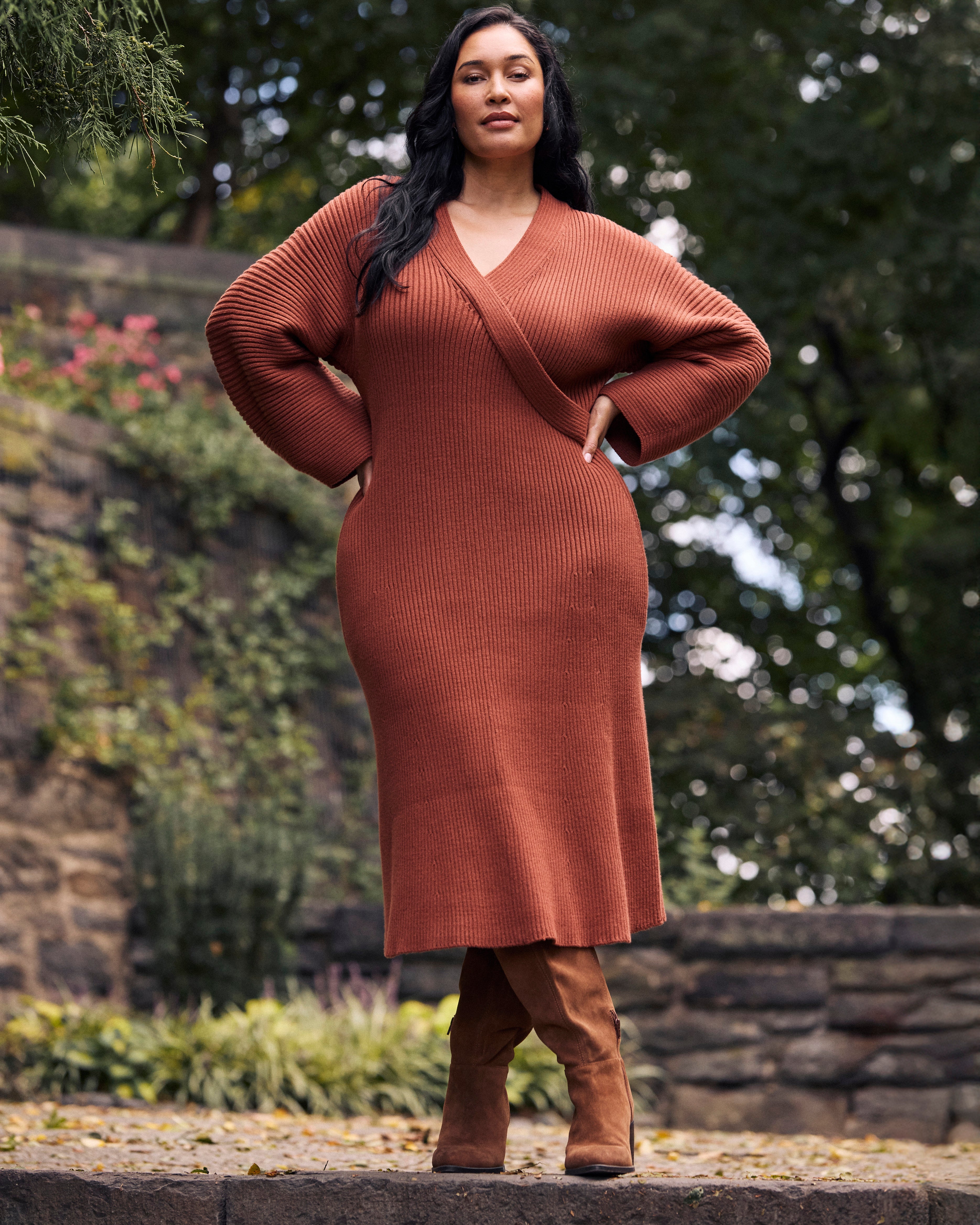 Better-Than-Wool Faux Wrap Dress - Cognac