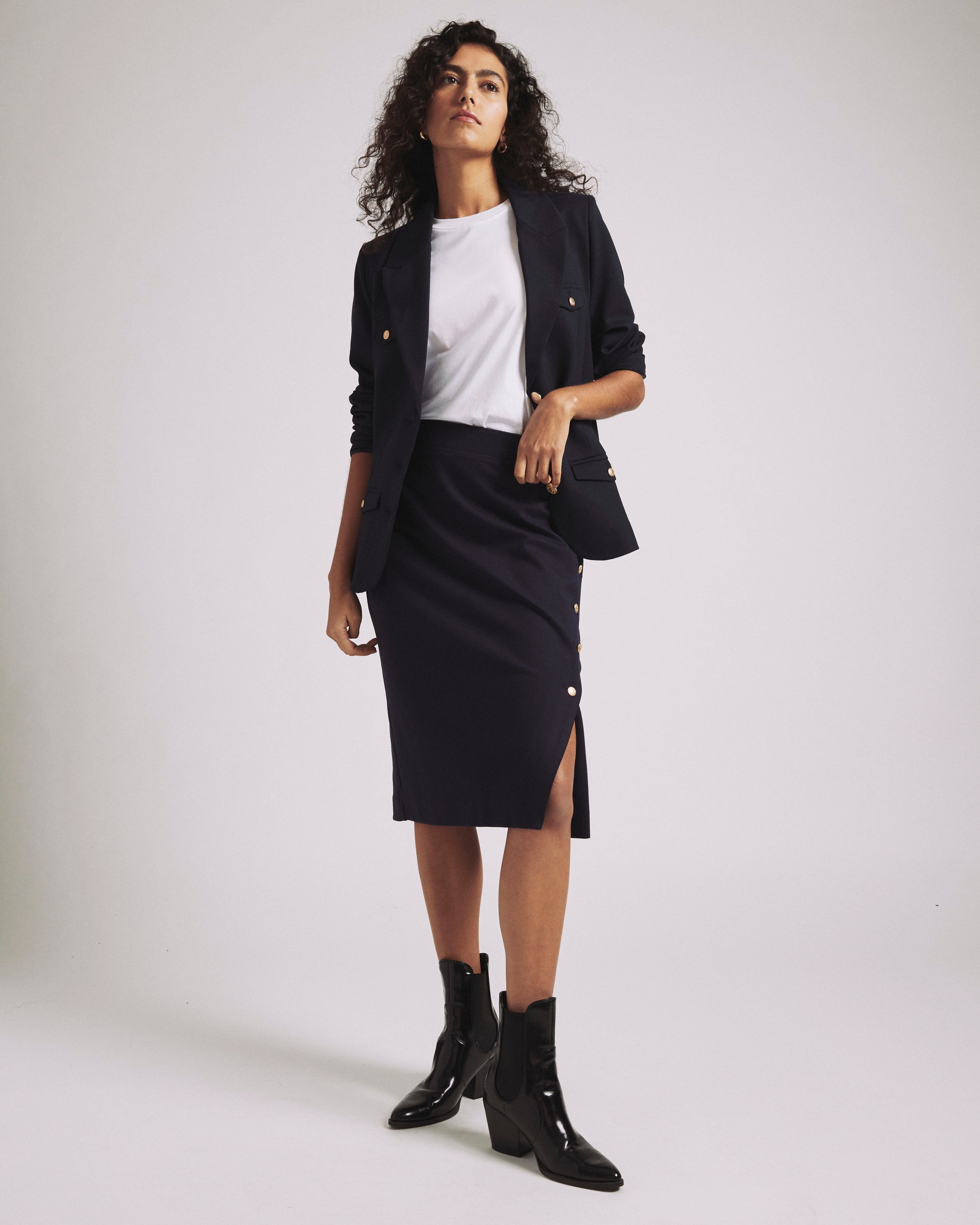 Anya Uniform Ponte Skirt - Navy with Gold Buttons
