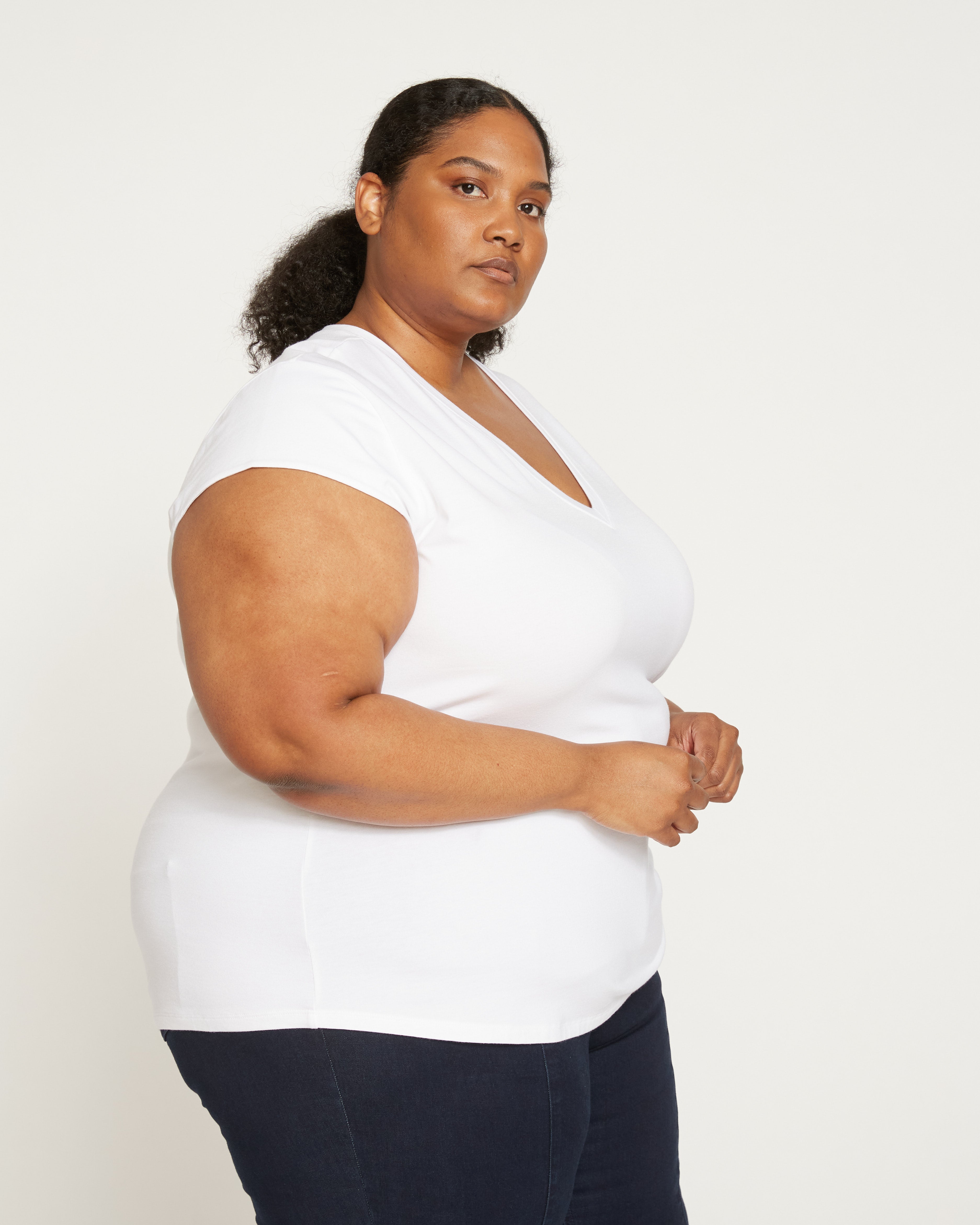 Ashley V Neck Cap Sleeve Tee - White