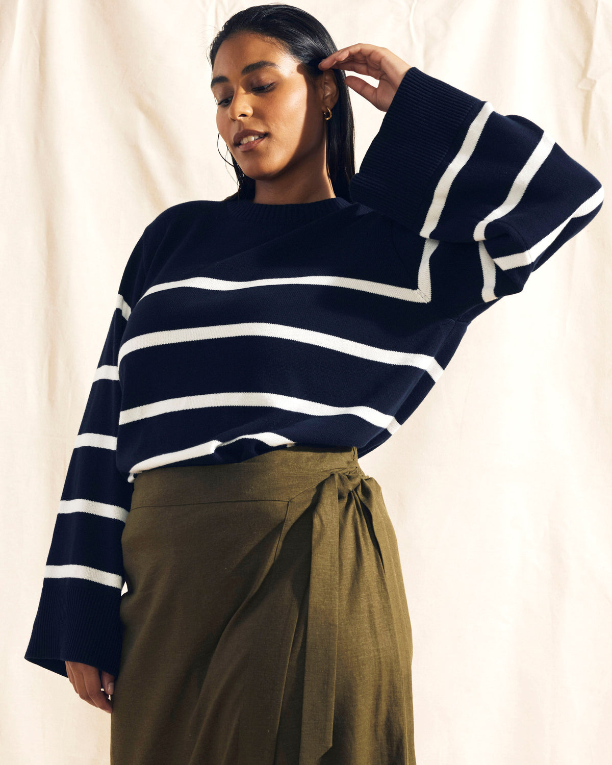 Bardot Wide Sleeve Cotton Sweater - Navy/White