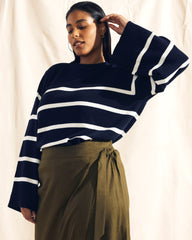 Bardot Wide Sleeve Cotton Sweater - Navy/White