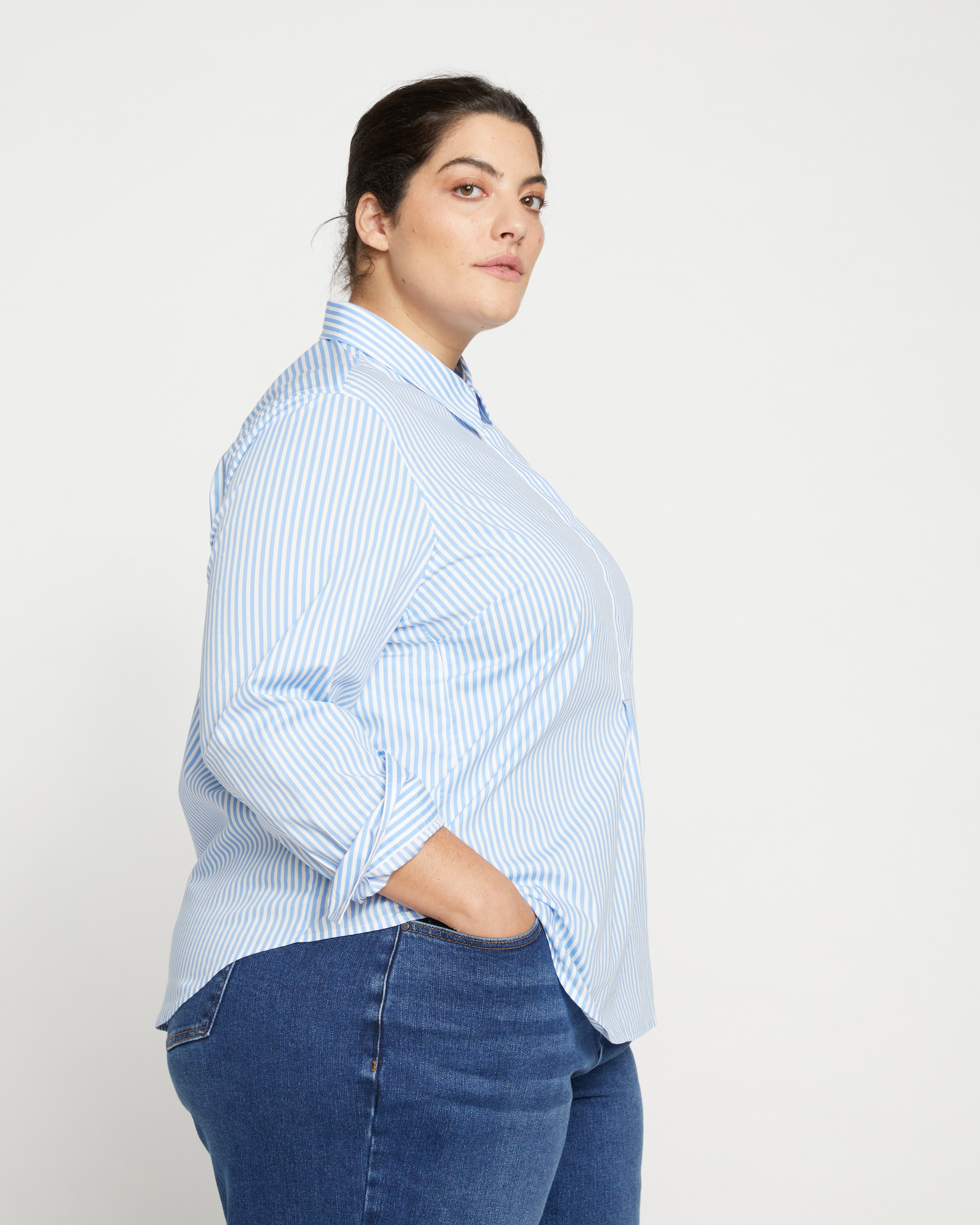 Elbe Popover Stretch Poplin Shirt Classic Fit - Blue/White Stripe