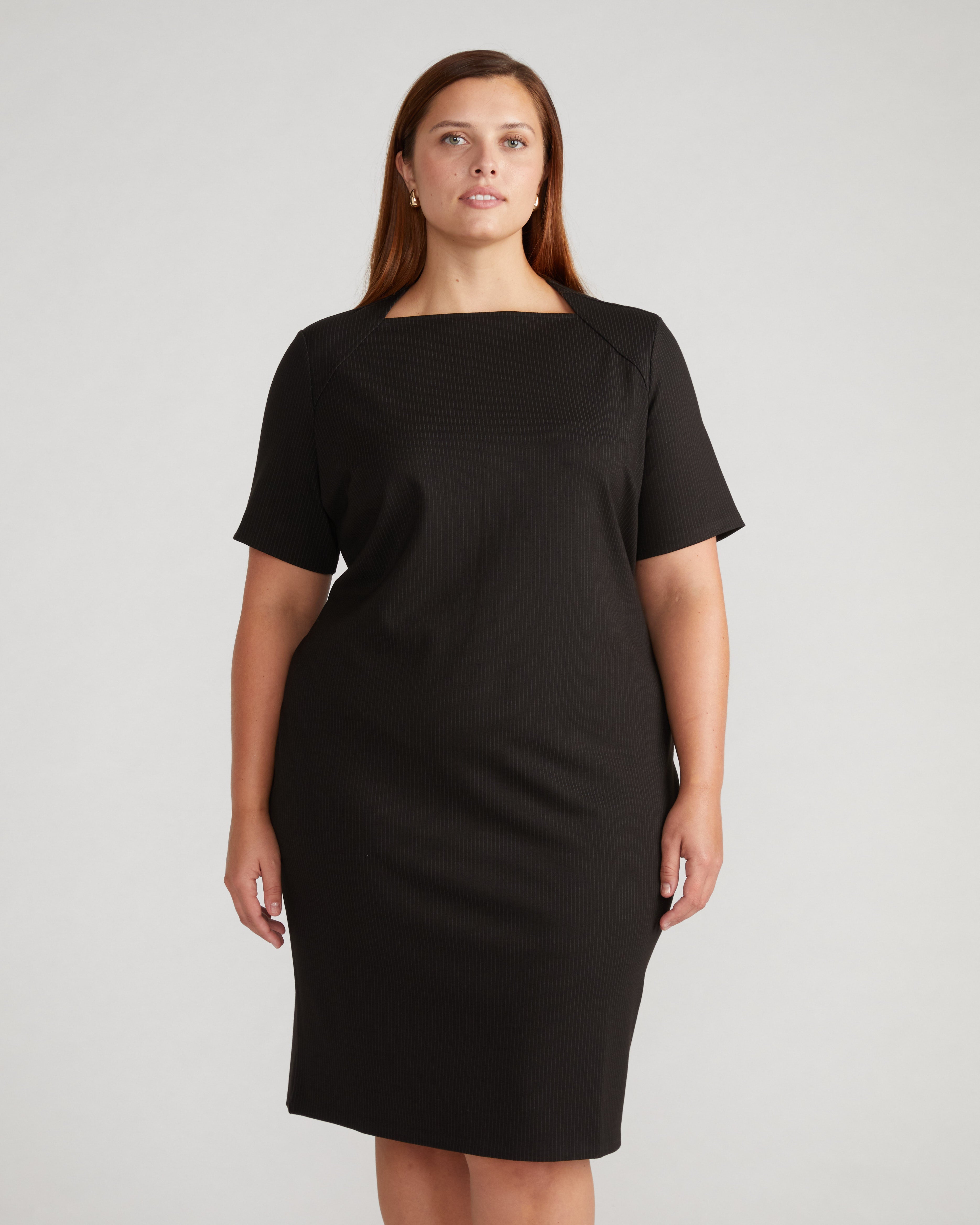 Envelope Neck Ponte Dress - Fine Grey Pinstripe