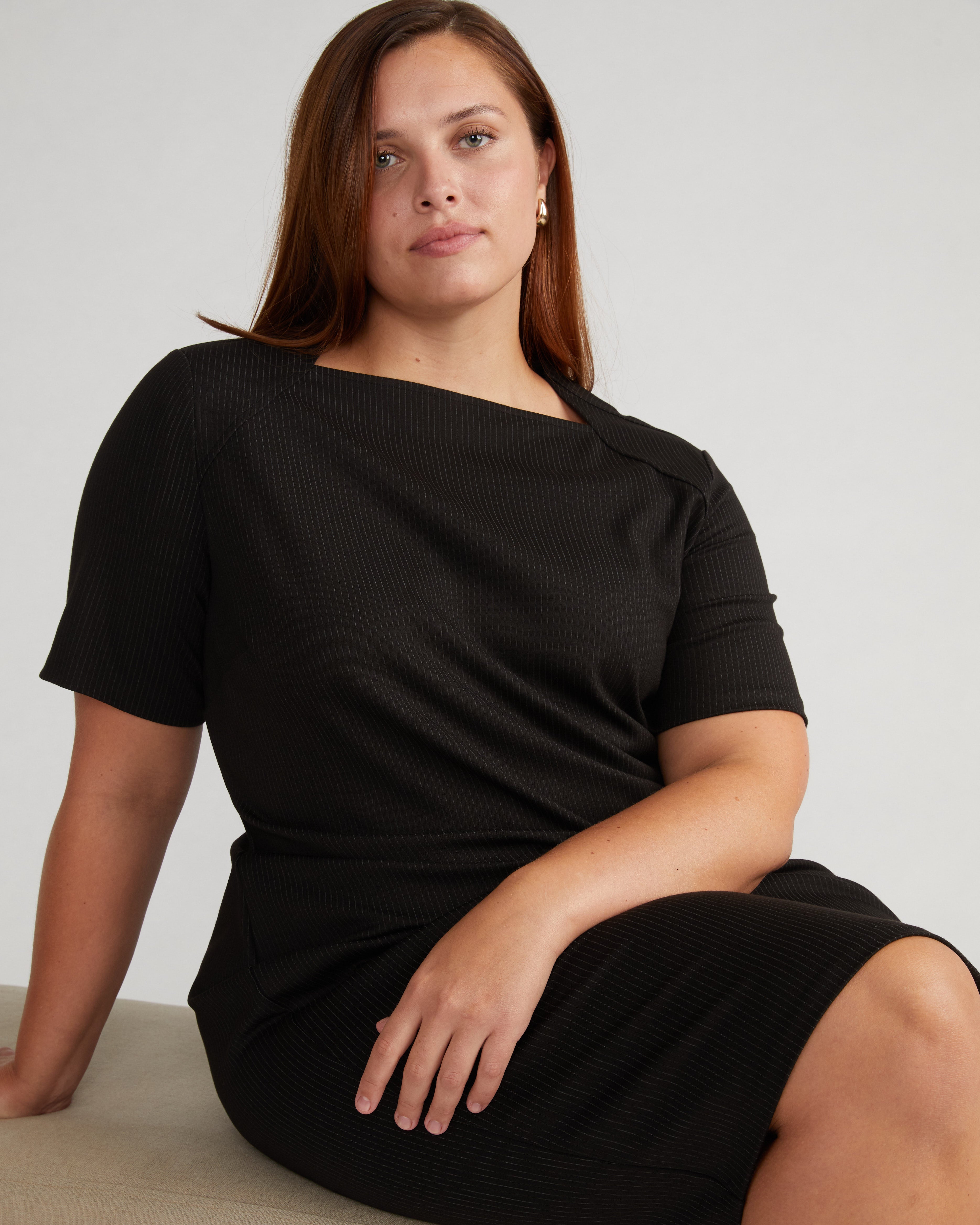 Envelope Neck Ponte Dress - Fine Grey Pinstripe