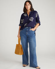 Button Back Linen Blend Polo Shirt - Beachgrass Print in Navy
