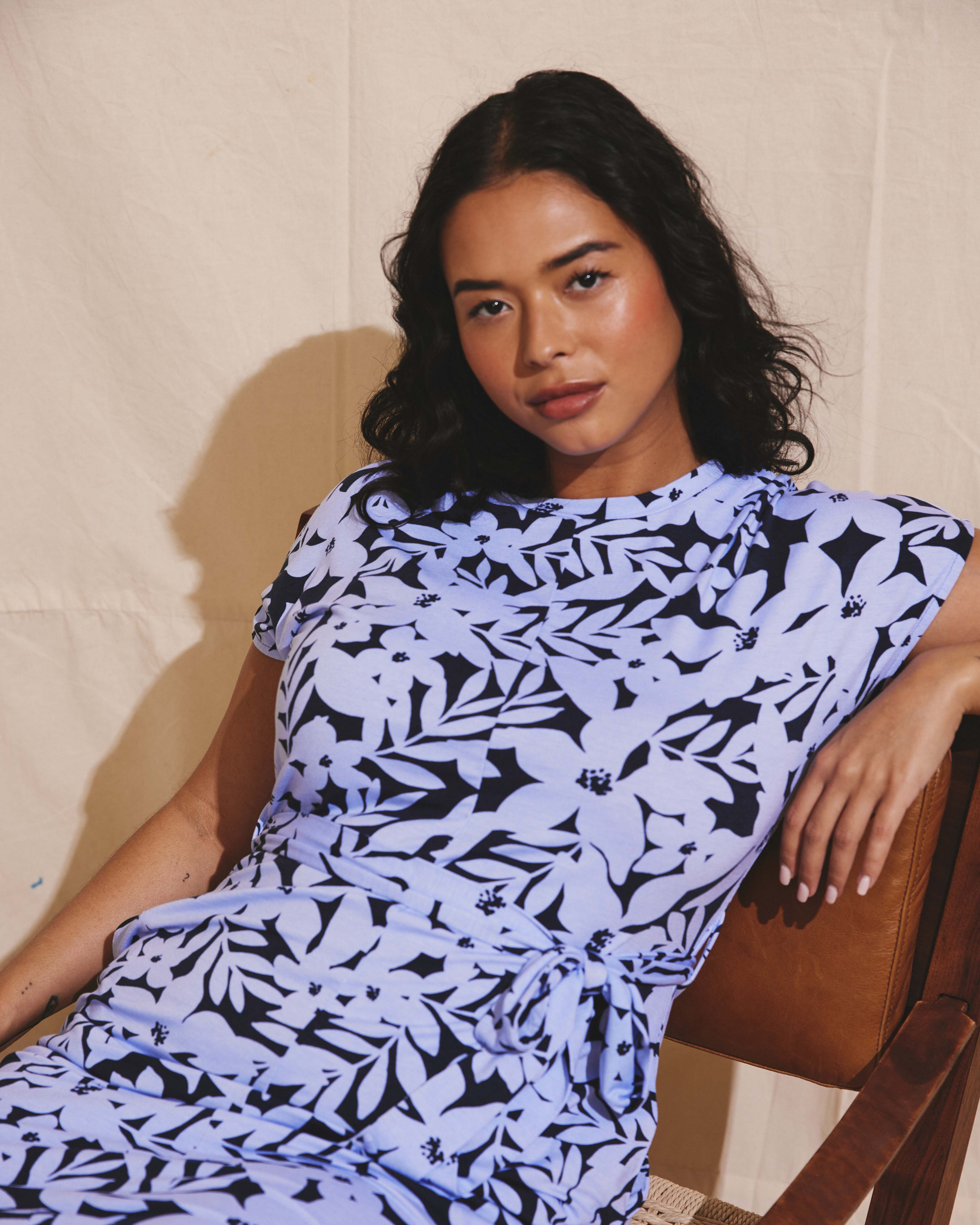 Belted Divine Jersey Dress - Petal Palette Print in Jacaranda