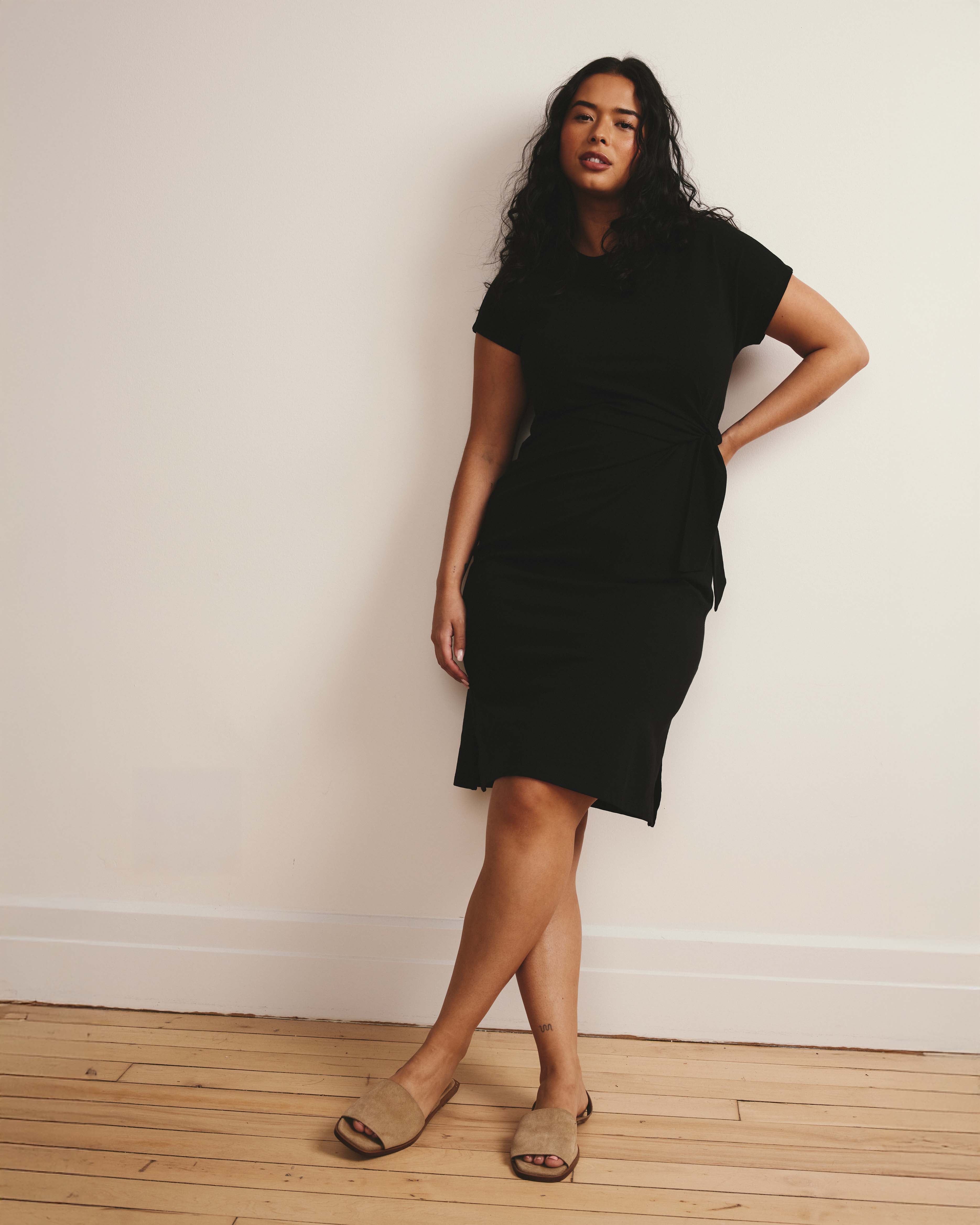 Crescent Breton Stripe Knot Dress - Solid Black