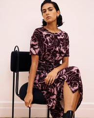 Delilah Liquid Jersey Dress - Rose Print in Black Cherry