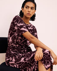 Delilah Liquid Jersey Dress - Rose Print in Black Cherry