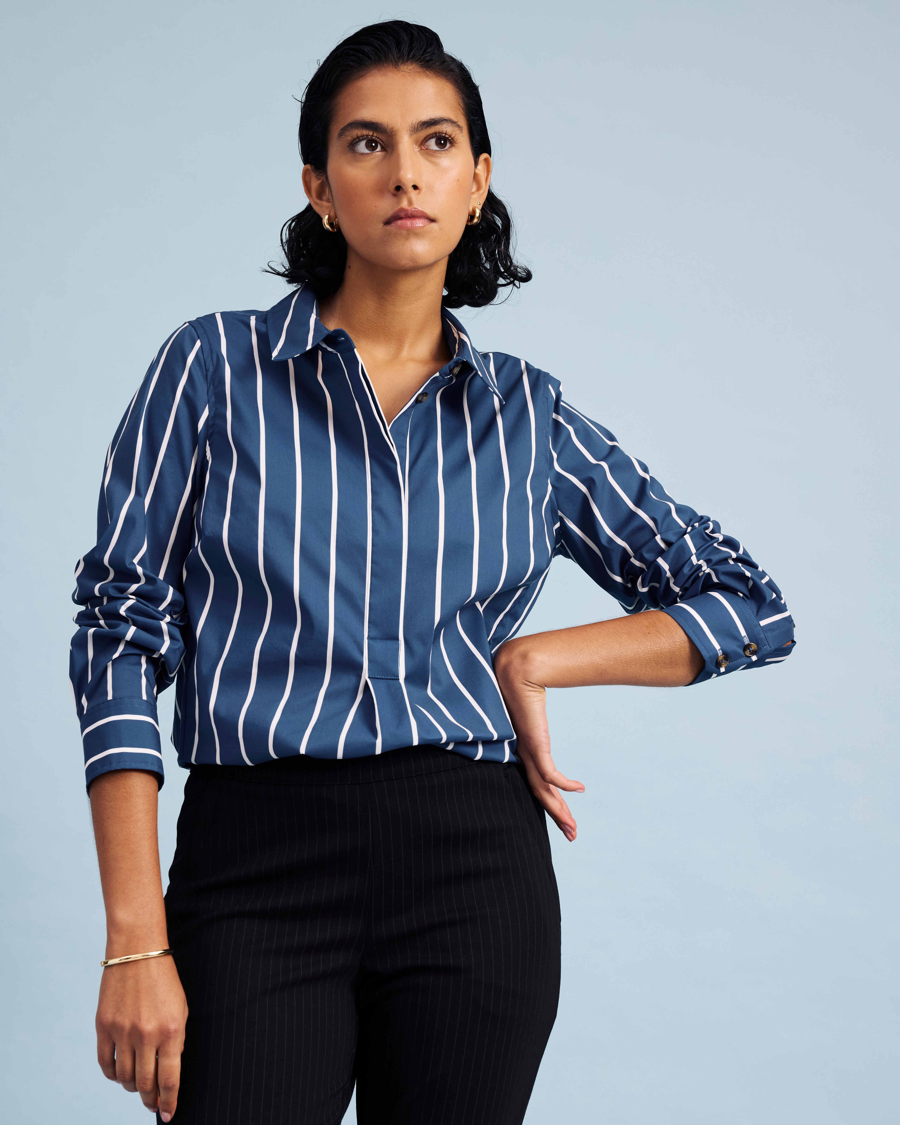 Elbe Popover Stretch Poplin Shirt Classic Fit - Ensign Blue/White Stripe