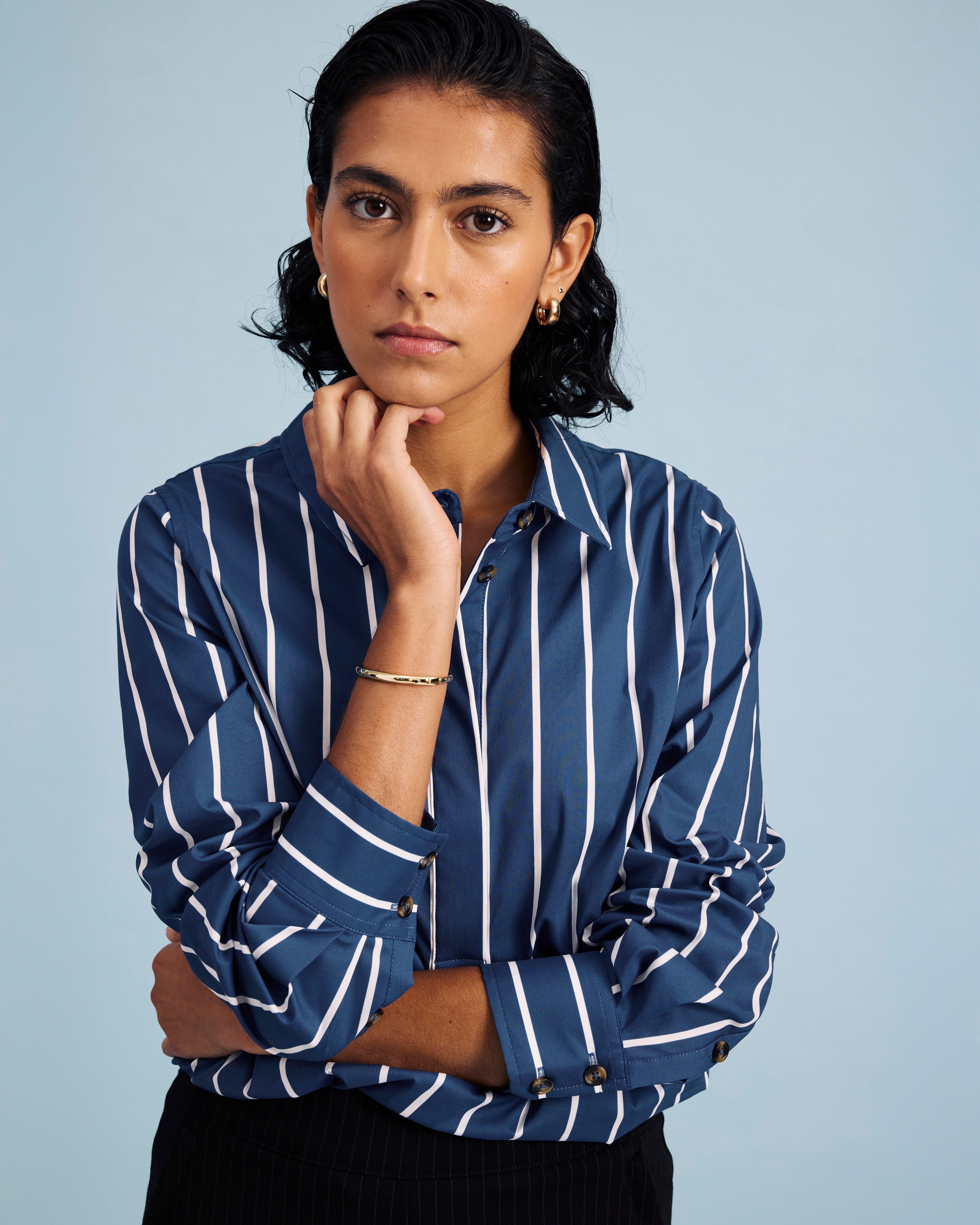 Elbe Popover Stretch Poplin Shirt Classic Fit - Ensign Blue/White Stripe