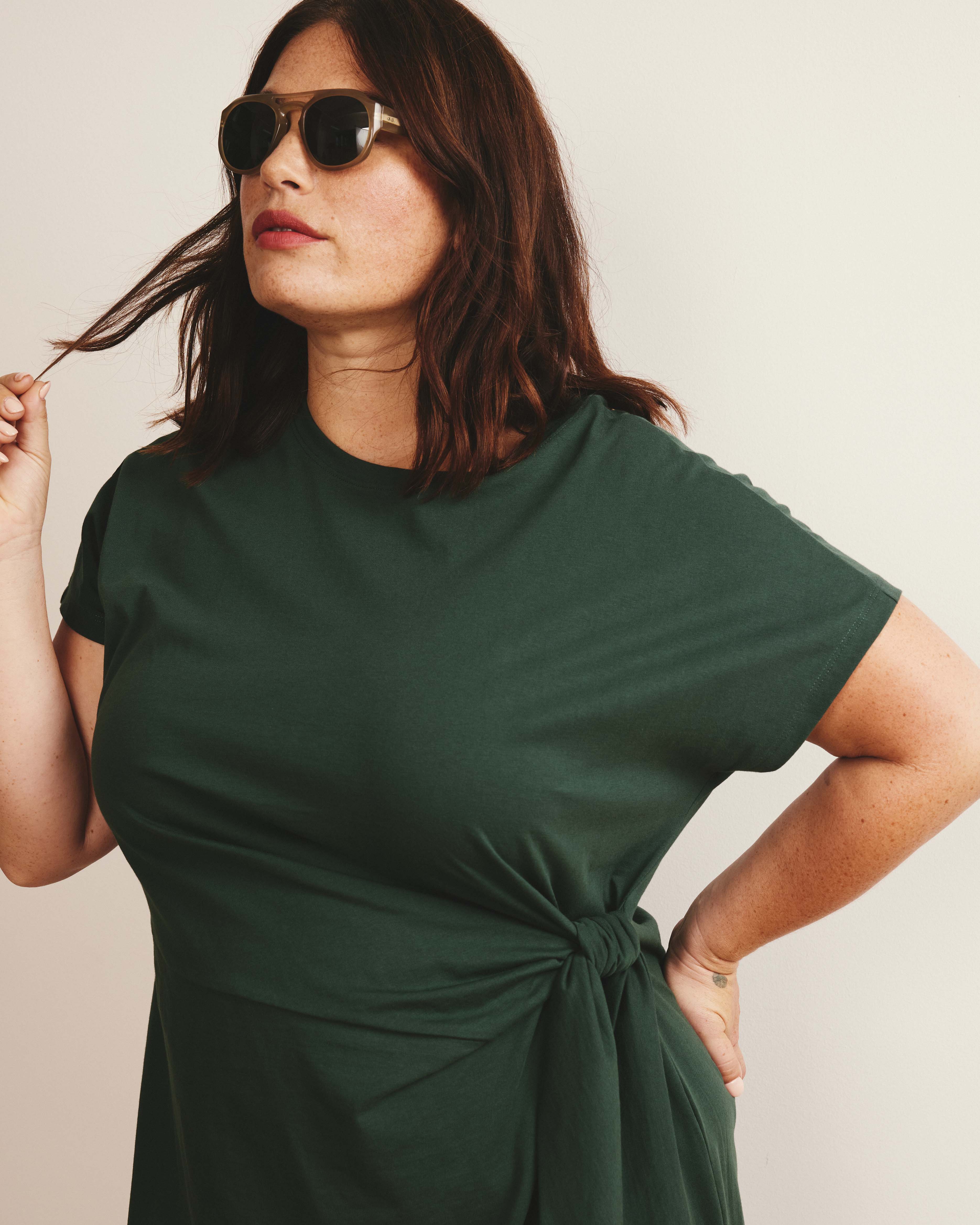 Crescent Breton Stripe Knot Dress - Solid Conifer
