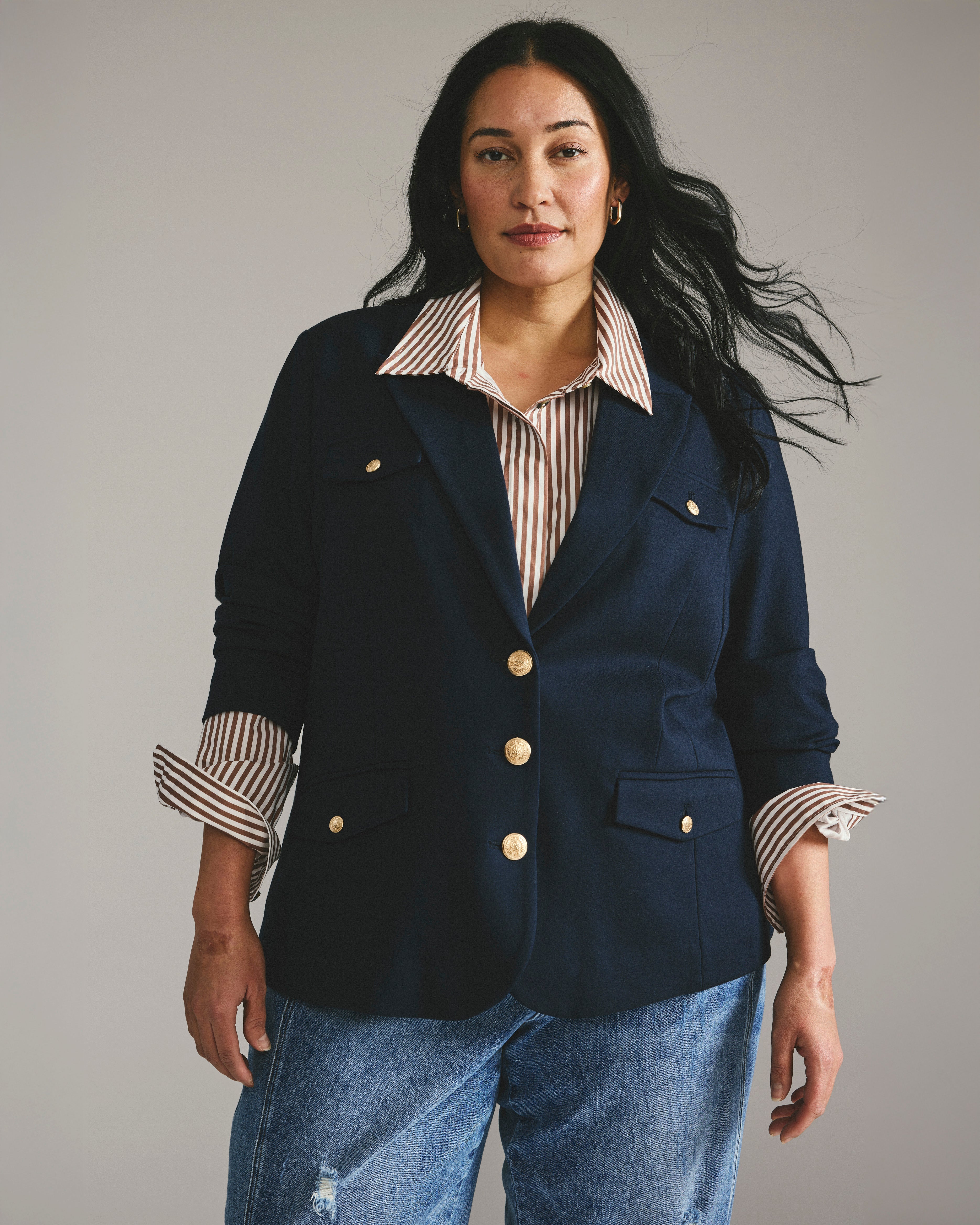 4 Pocket Uniform Ponte Blazer - Navy with Gold Buttons