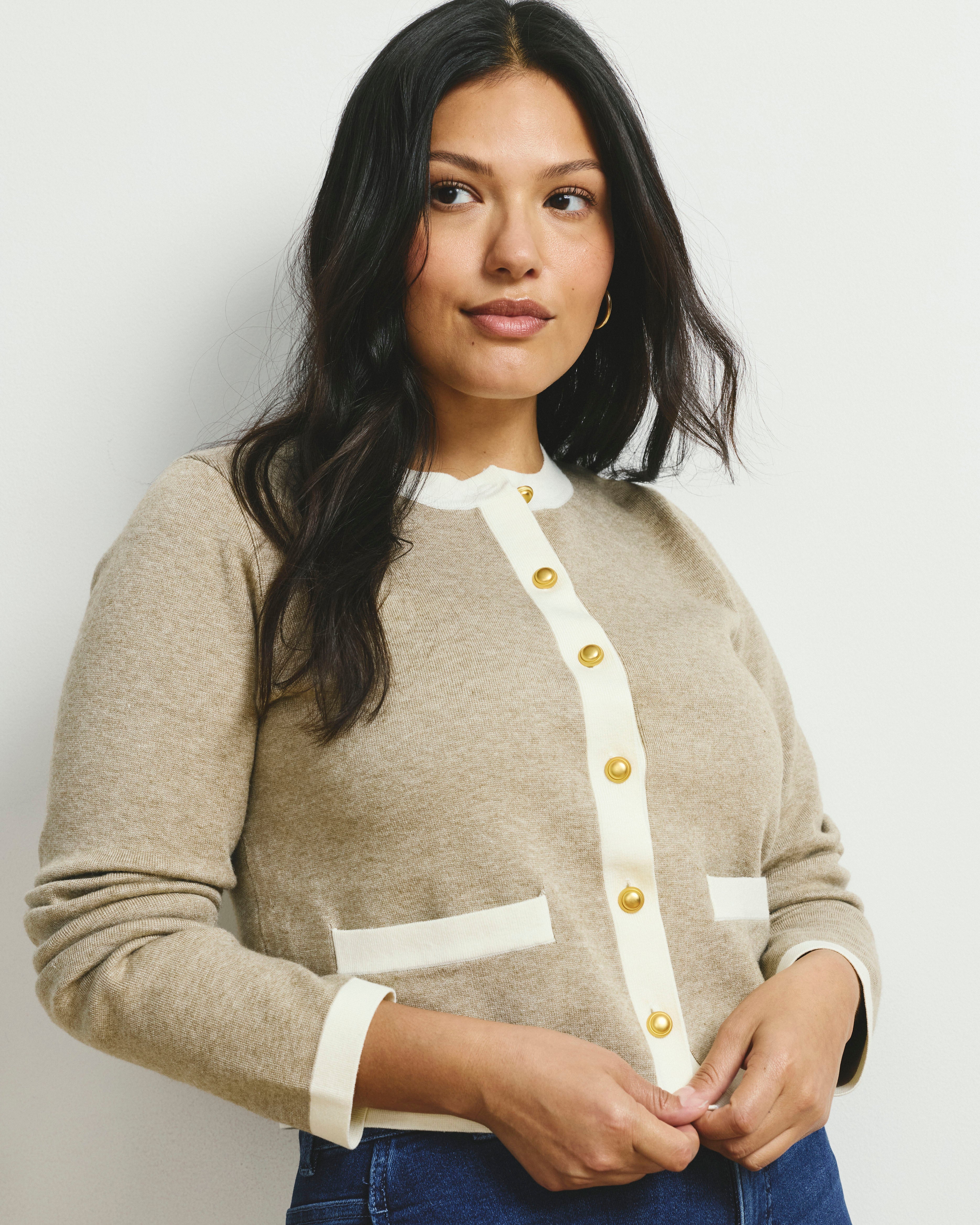 Gabrielle Button-Front Cardigan - Almond Dust/Cream Trim