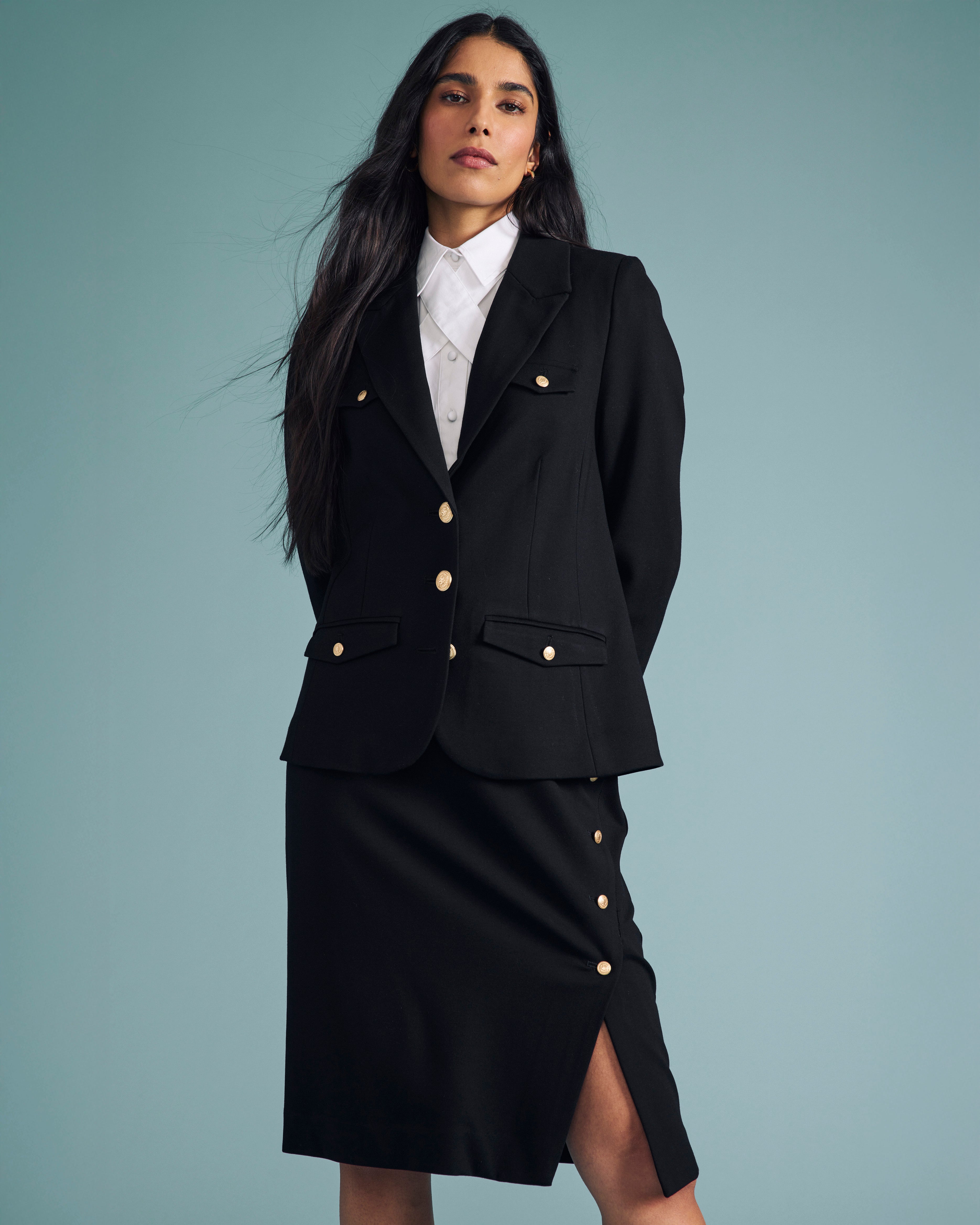4 Pocket Uniform Ponte Blazer - Black with Gold Buttons