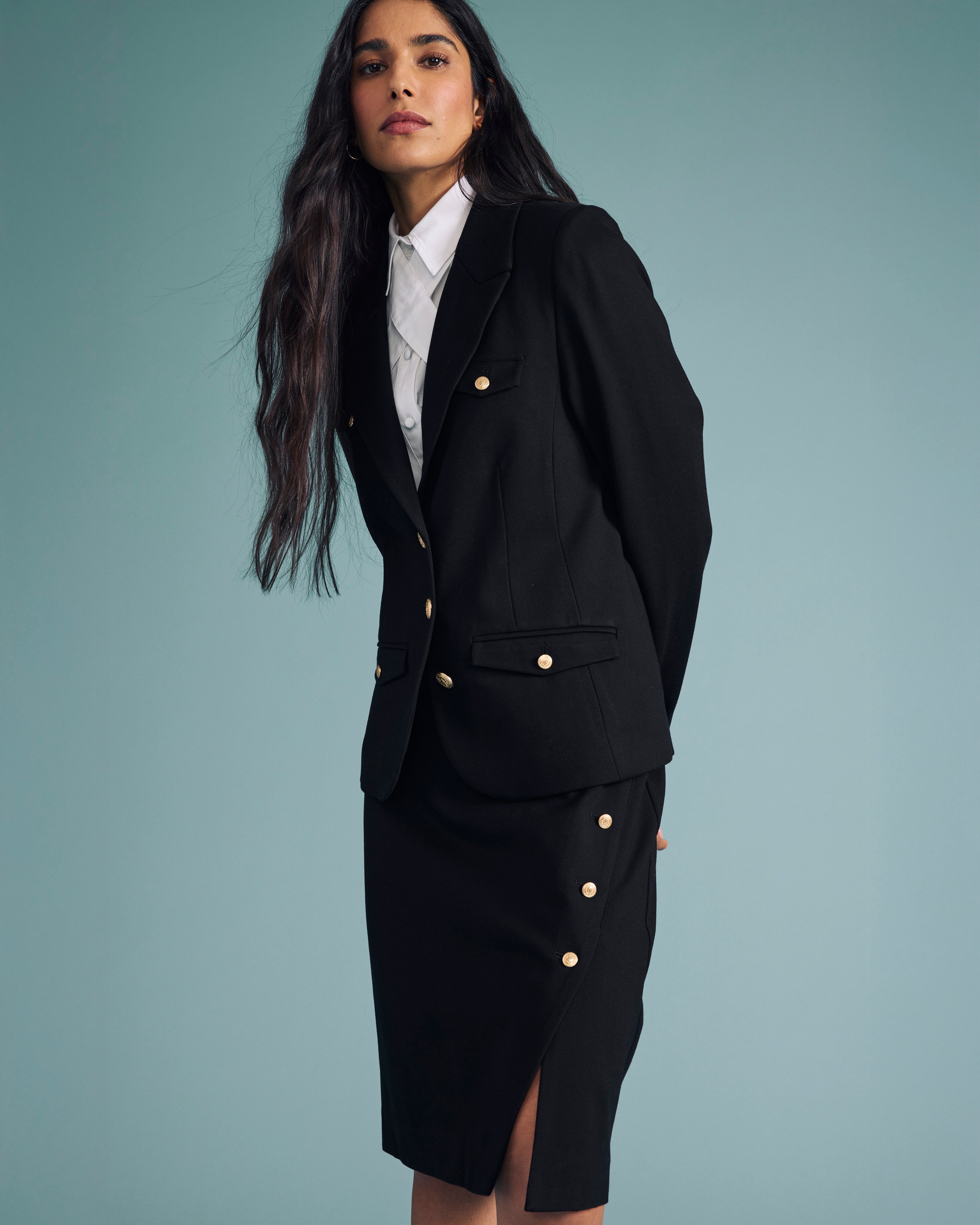 Anya Uniform Ponte Skirt - Black with Gold Buttons