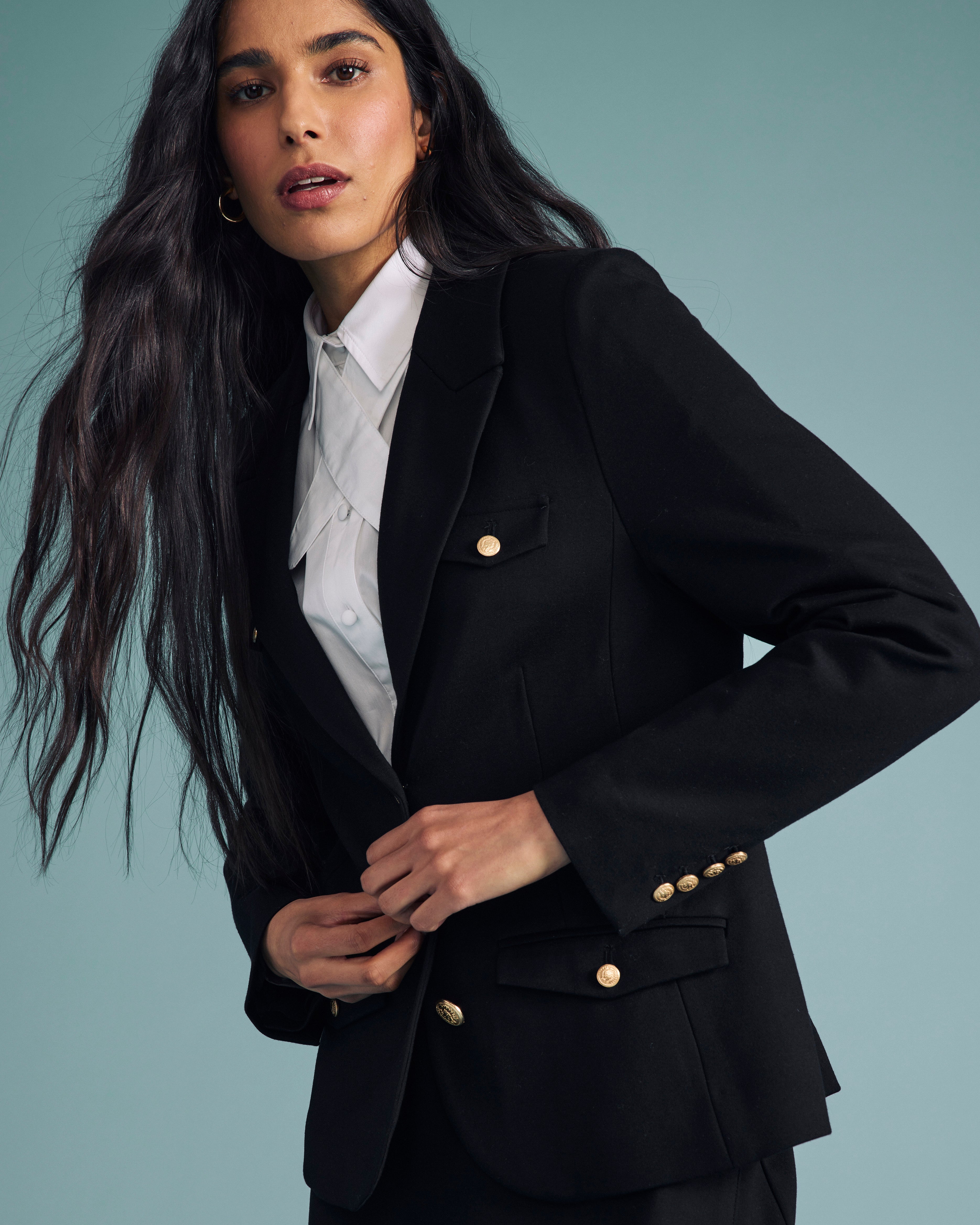 4 Pocket Uniform Ponte Blazer - Black with Gold Buttons