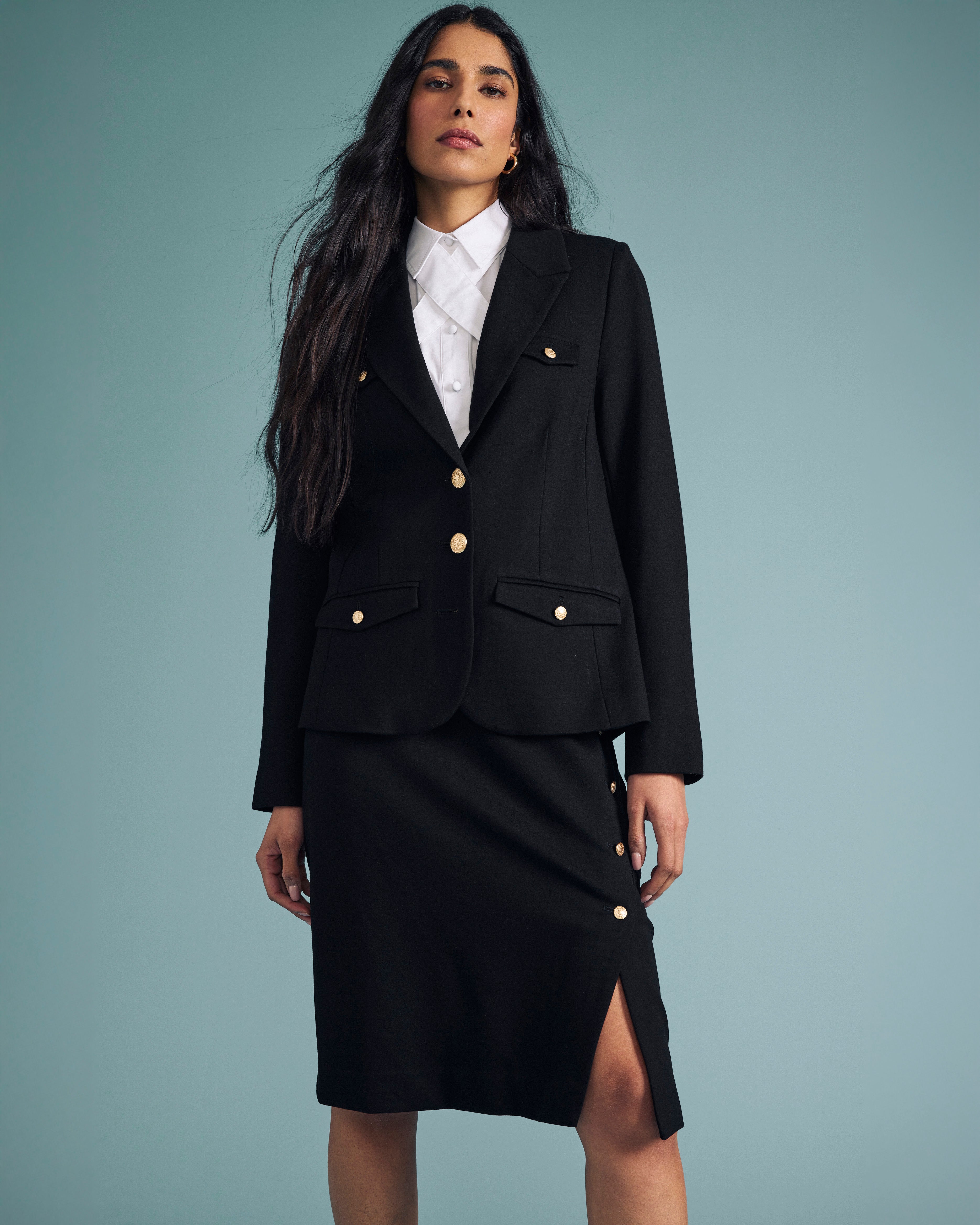 Anya Uniform Ponte Skirt - Black with Gold Buttons