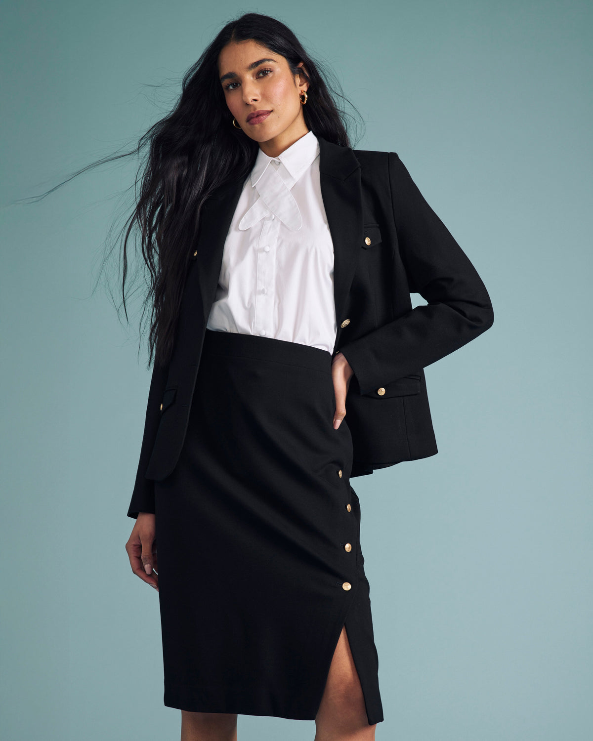 Anya Uniform Ponte Skirt - Black with Gold Buttons