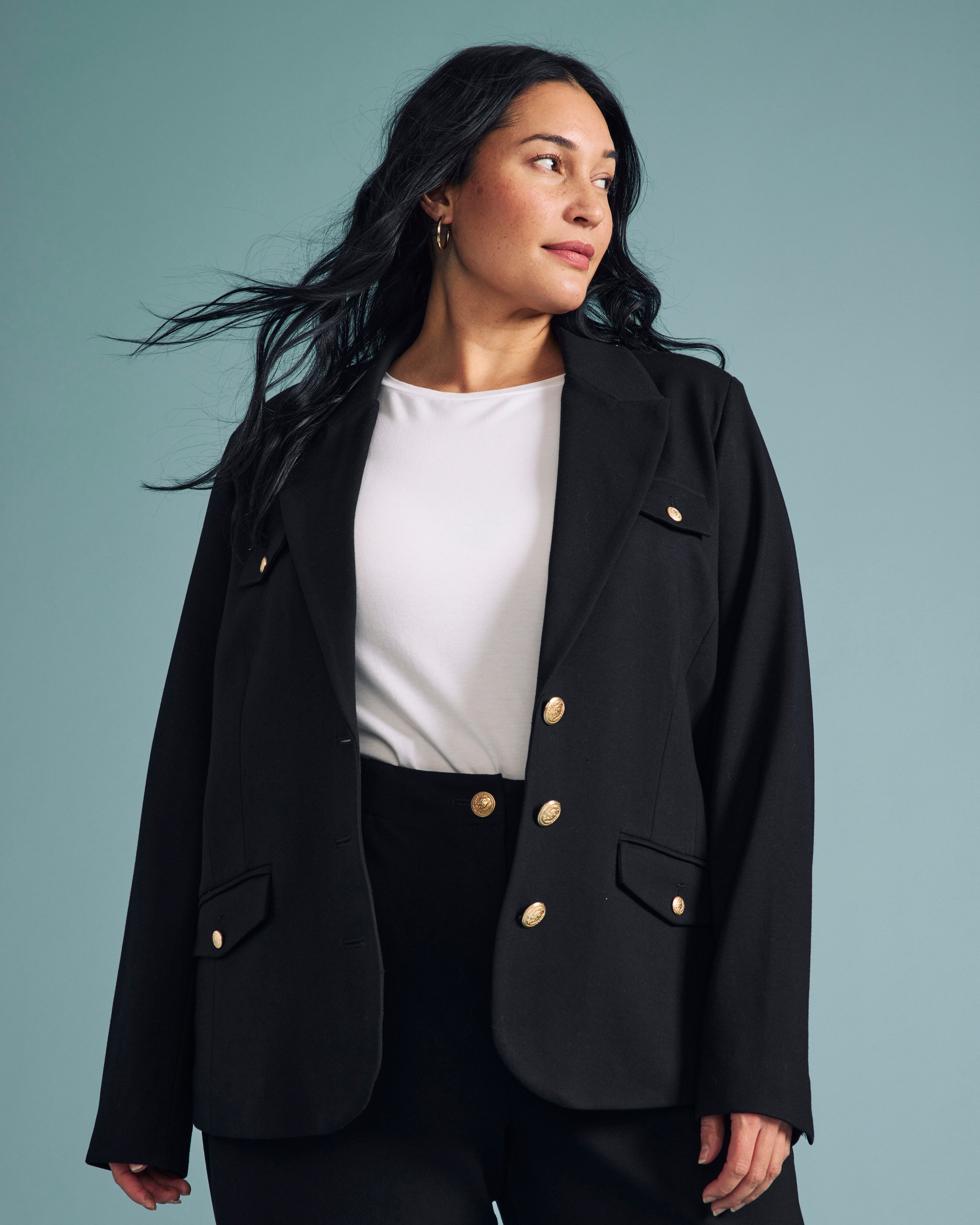4 Pocket Uniform Ponte Blazer - Black with Gold Buttons