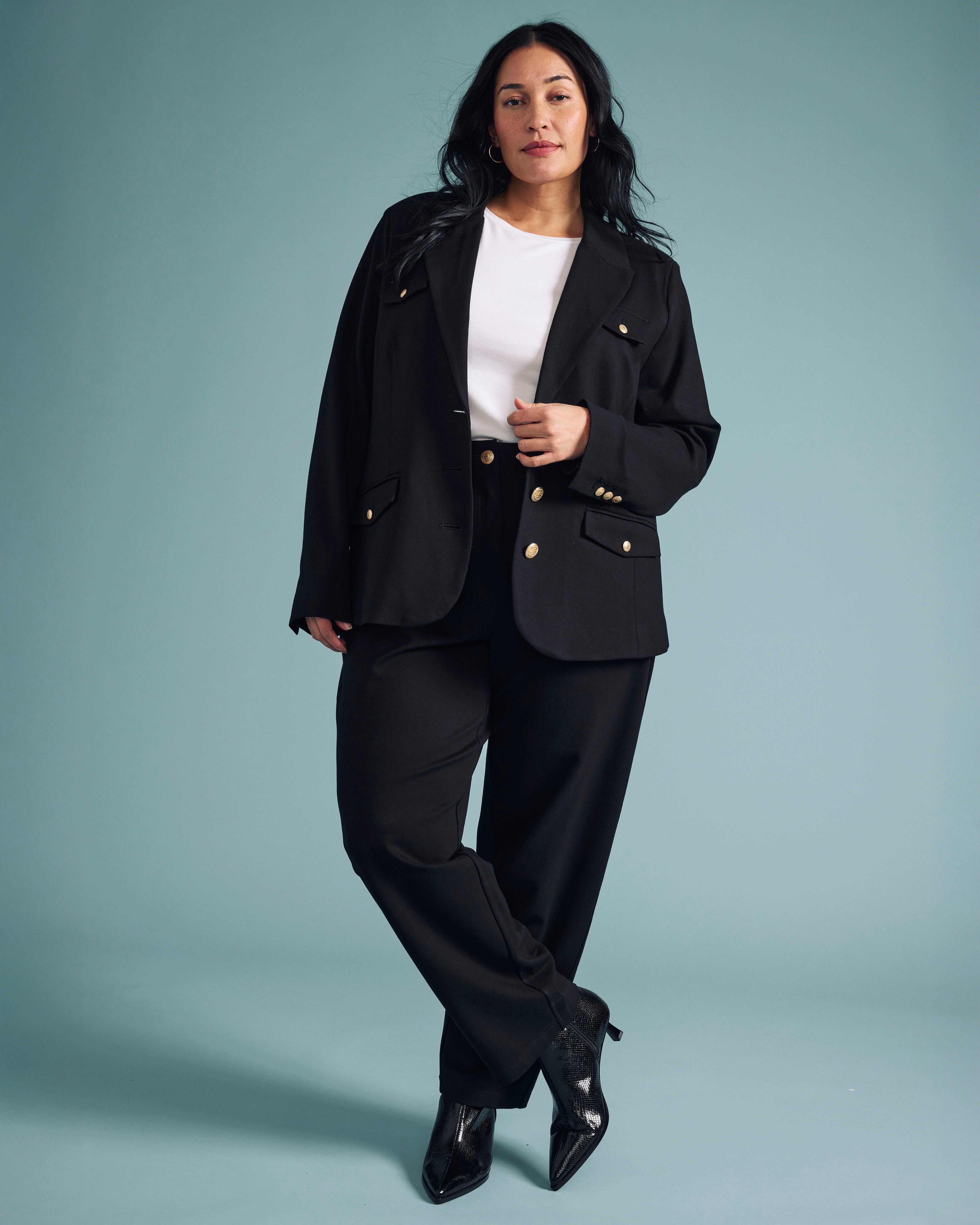 4 Pocket Uniform Ponte Blazer - Black with Gold Buttons