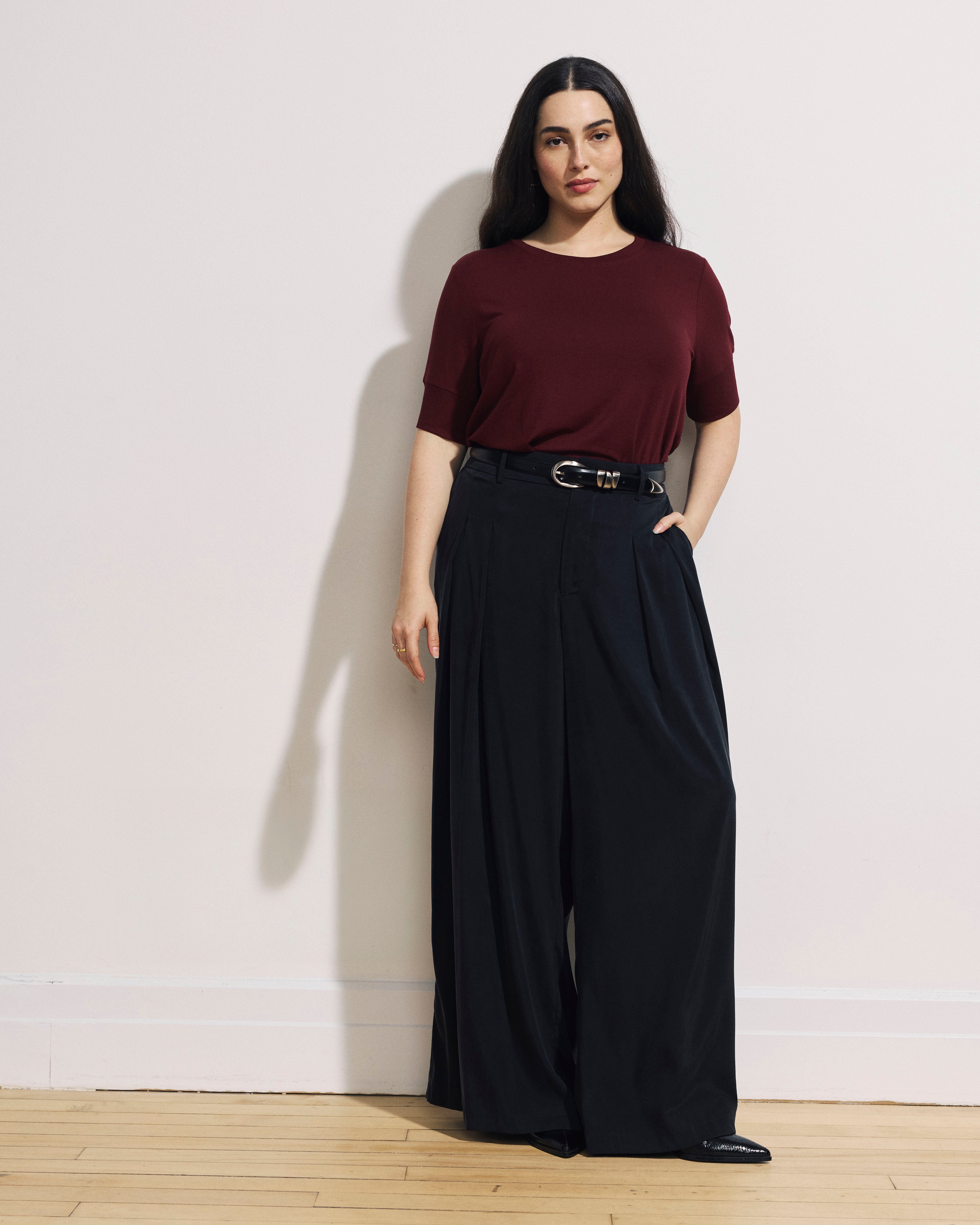 Aimee Liquid Jersey Rib Hem Tee - Deep Red