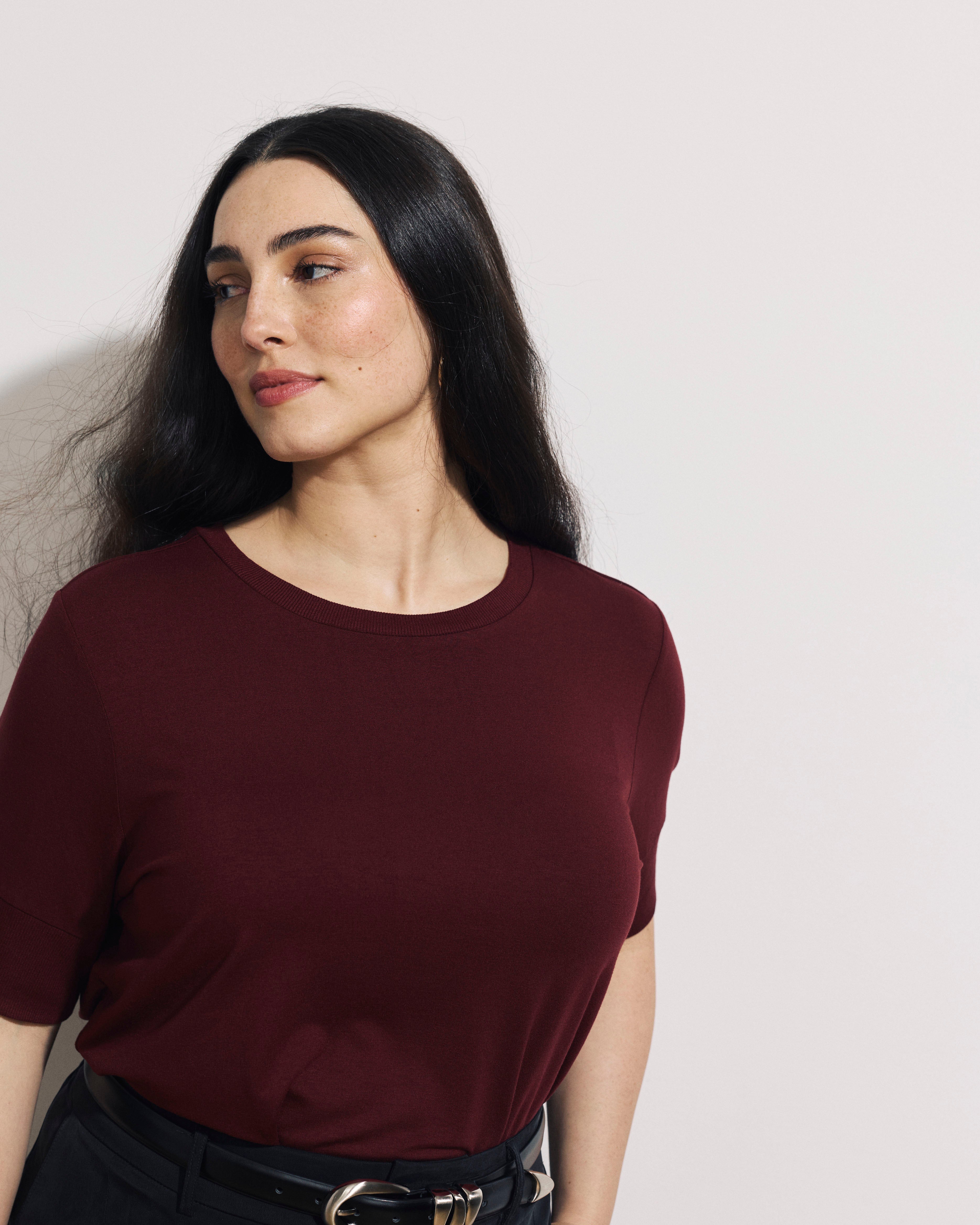 Aimee Liquid Jersey Rib Hem Tee - Deep Red