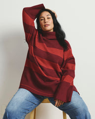Better-Than-Wool Oversize Turtleneck Sweater - Black Cherry/Red Rugby Stripe