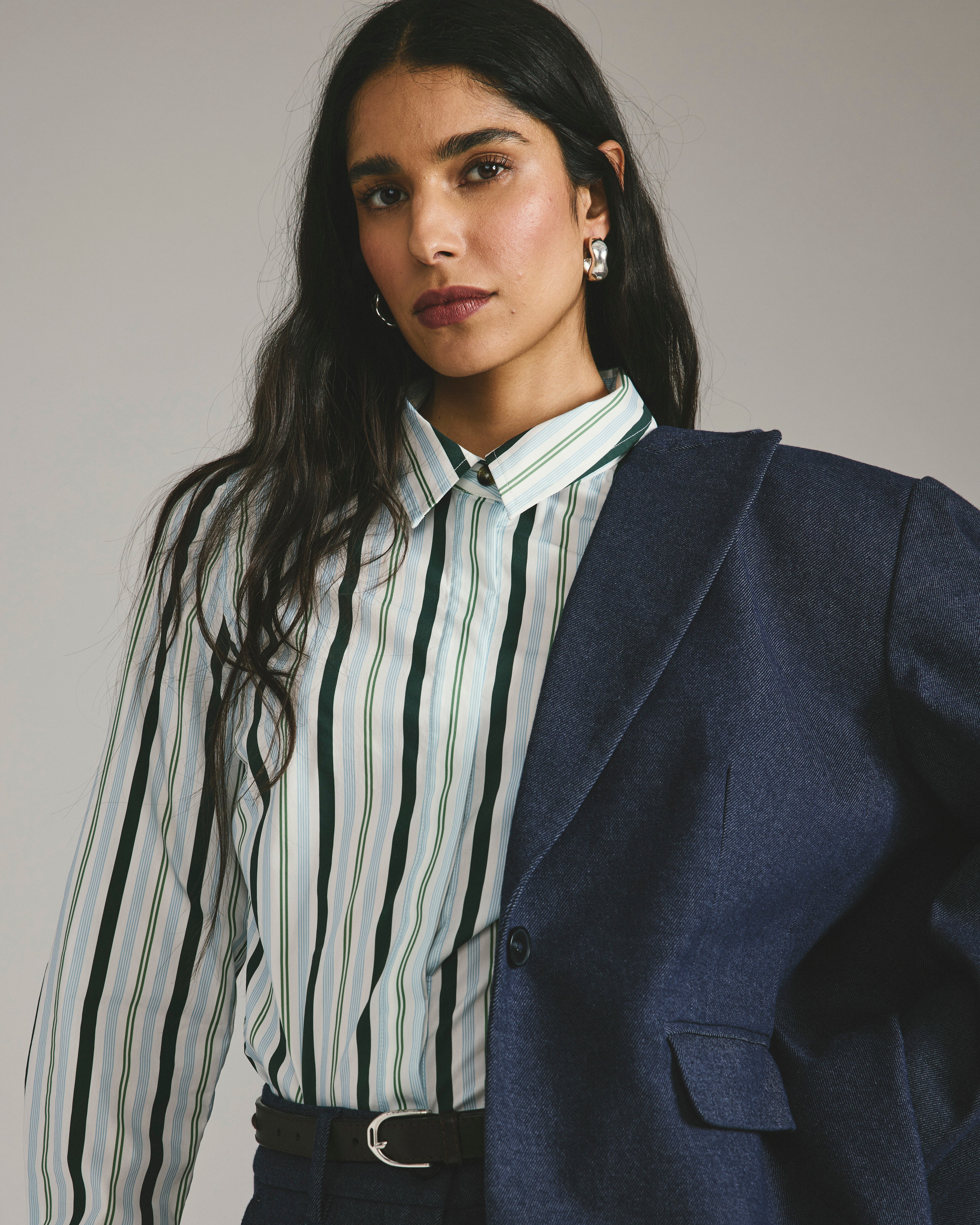 Elbe Stretch Poplin Shirt Classic Fit - Forest Green Multi Stripe