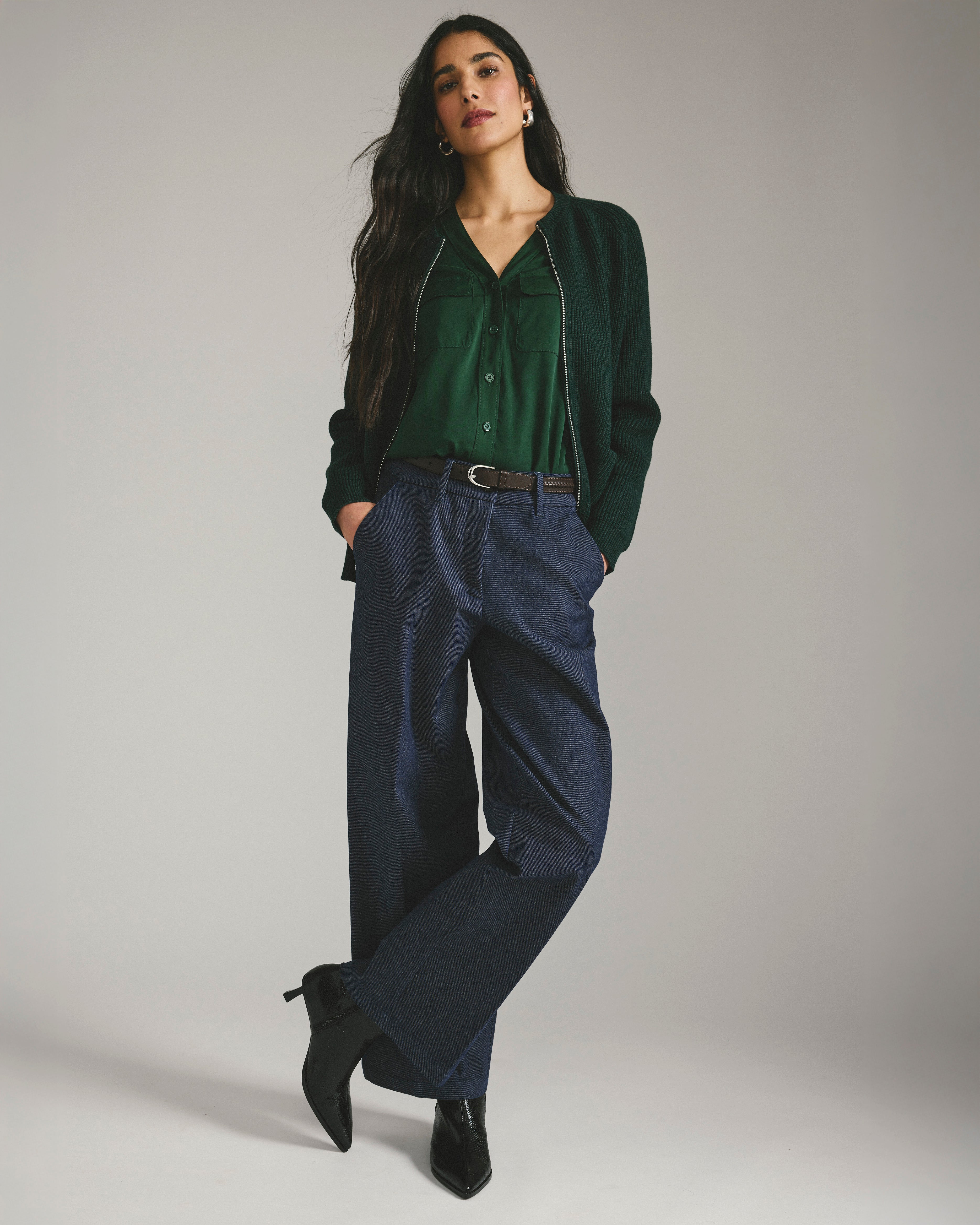 Cooling Stretch Cupro Button-Down Blouse - Forest Green