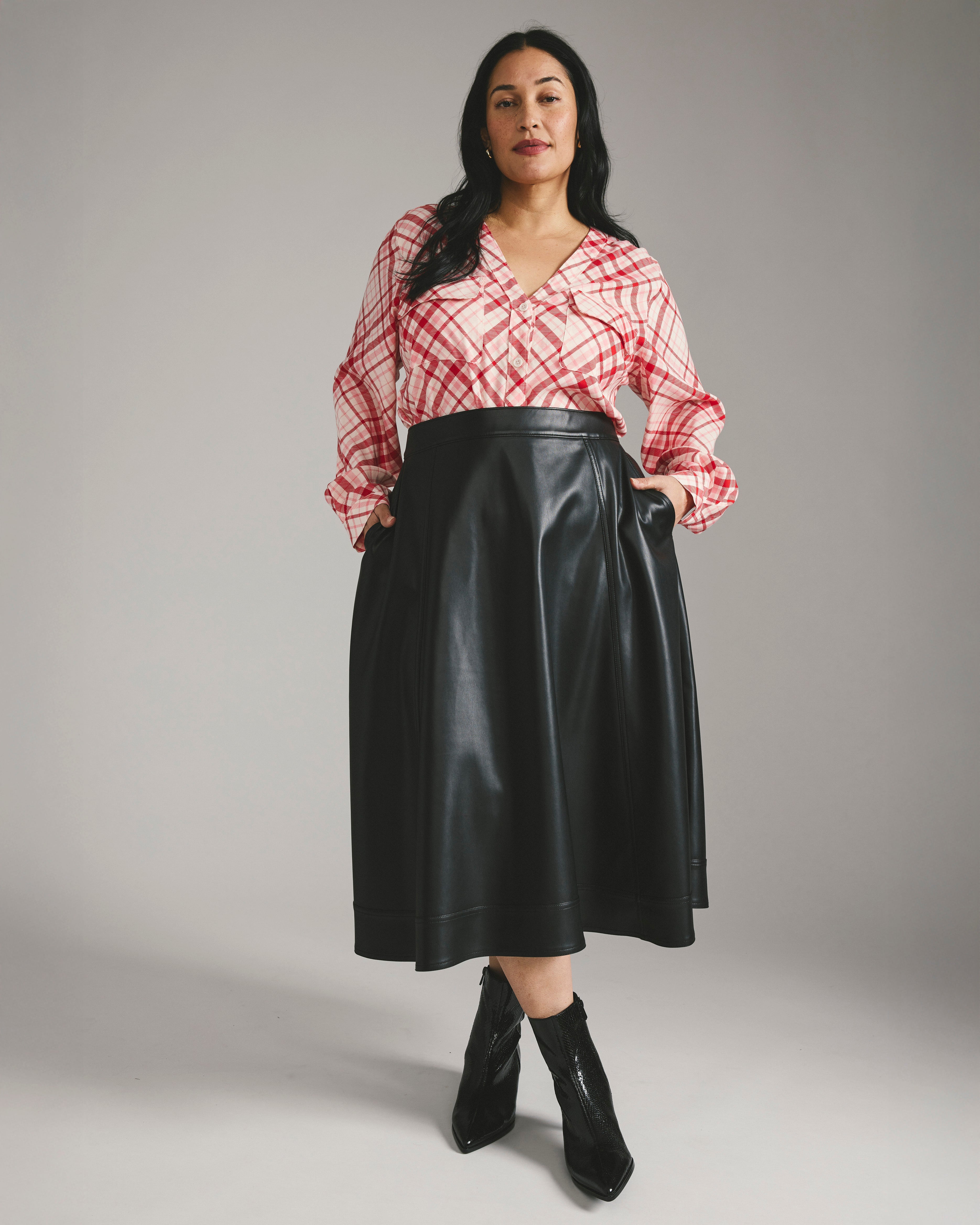 Cooling Stretch Cupro Button-Down Blouse - Red Plaid Print