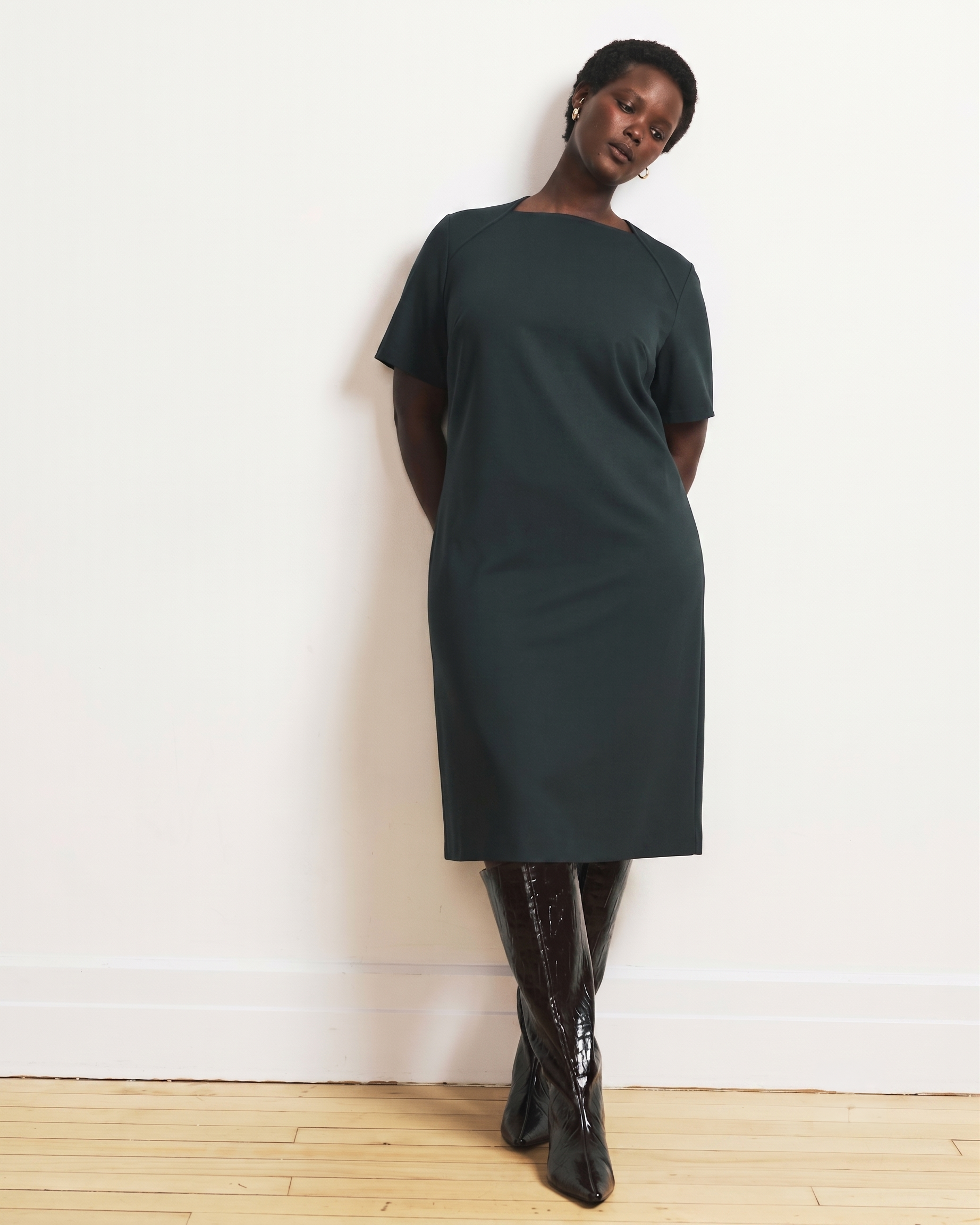 Envelope Neck Ponte Dress - Green Gemstone