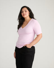 Cloud Rib Short Sleeve V-Neck Tee - Pink Dreams