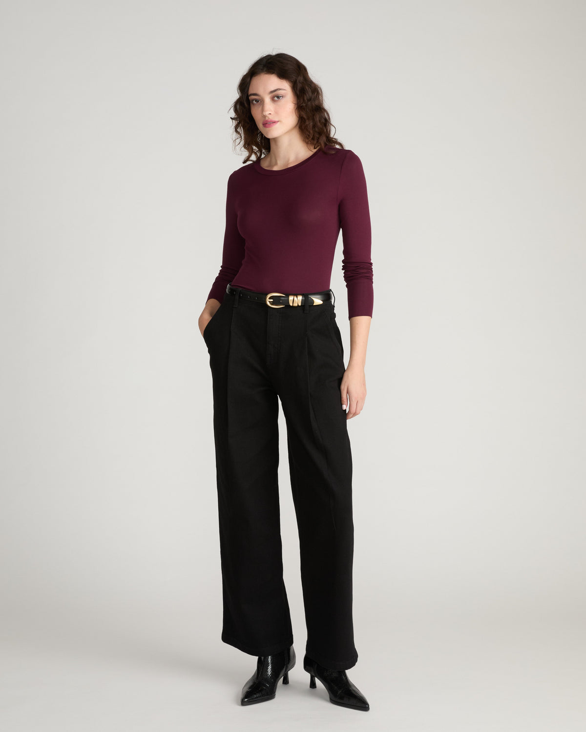 Cloud Rib Long Sleeve Crew Neck Tee - Black Cherry
