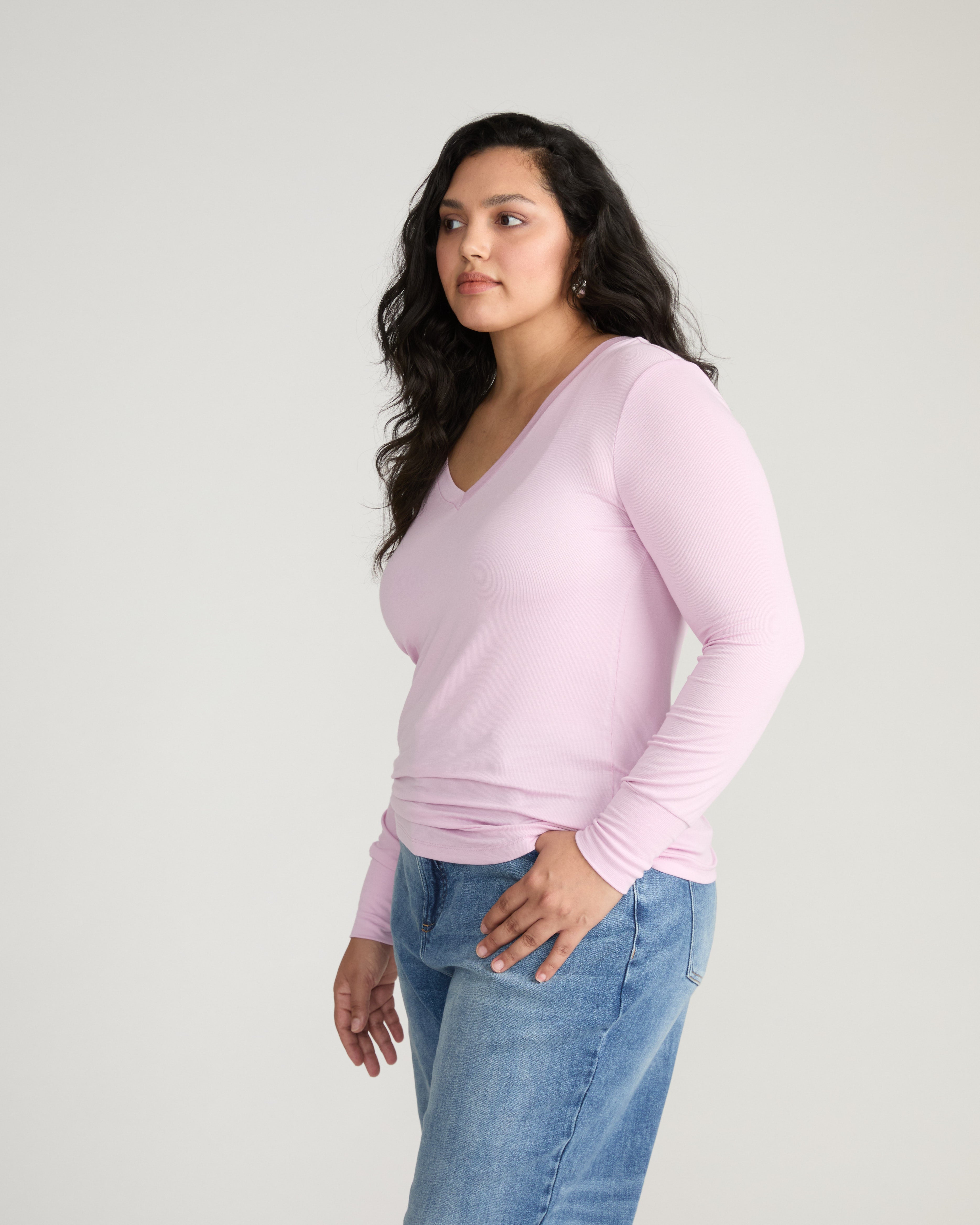 Cloud Rib Long Sleeve V-Neck Tee - Pink Dreams