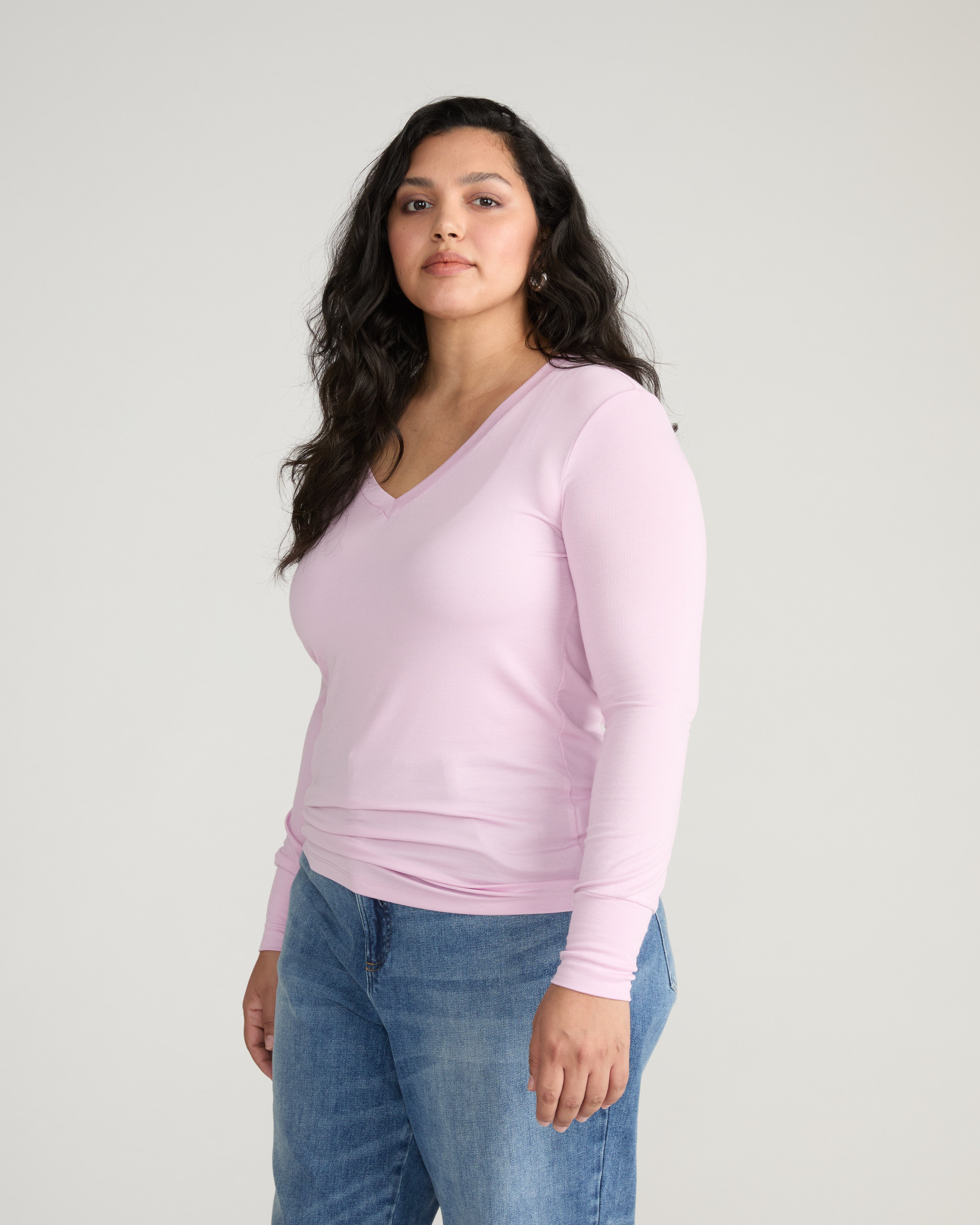 Cloud Rib Long Sleeve V-Neck Tee - Pink Dreams