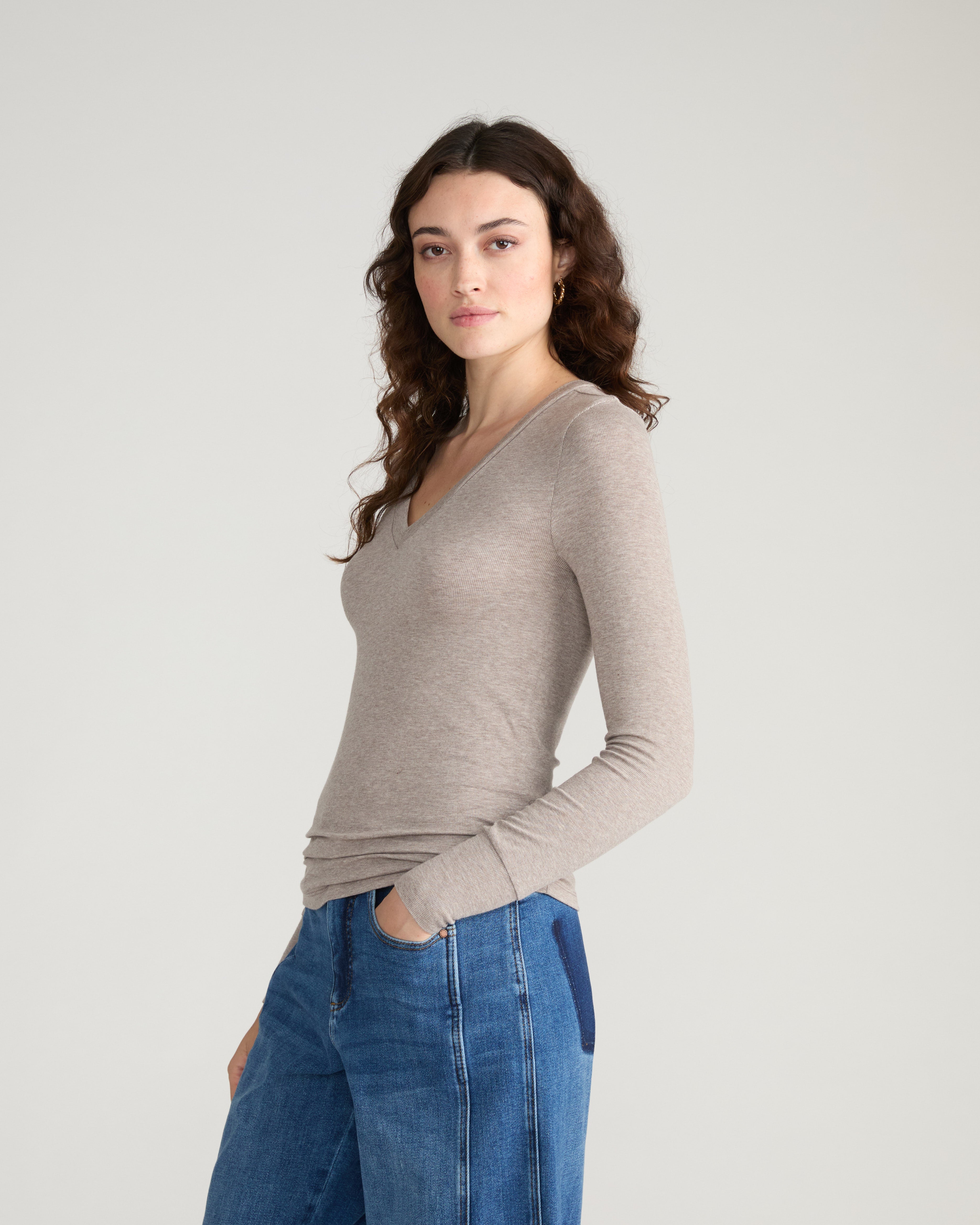 Cloud Rib Long Sleeve V-Neck Tee - Almond Dust