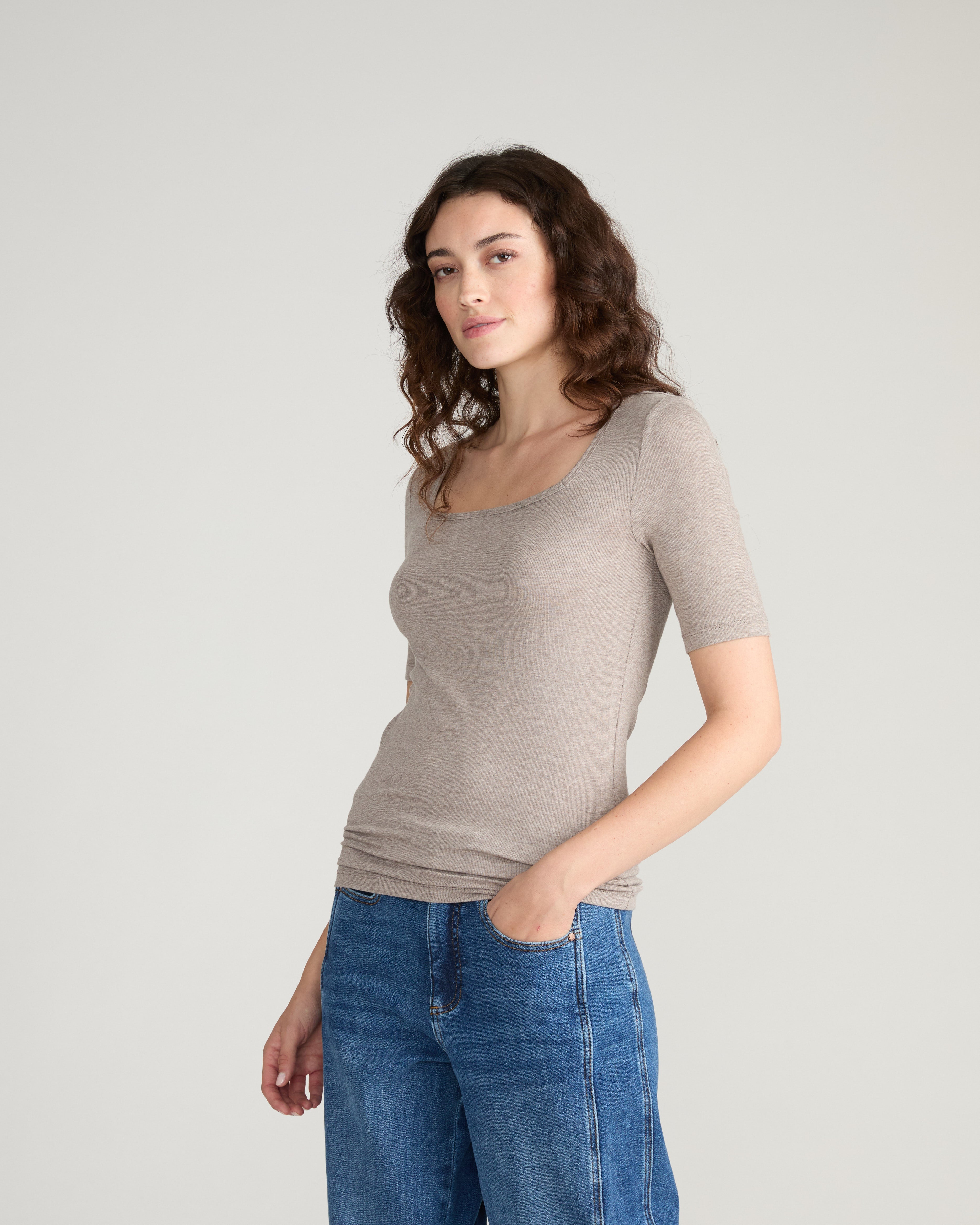 Cloud Rib Short Sleeve Square Neck Tee - Almond Dust