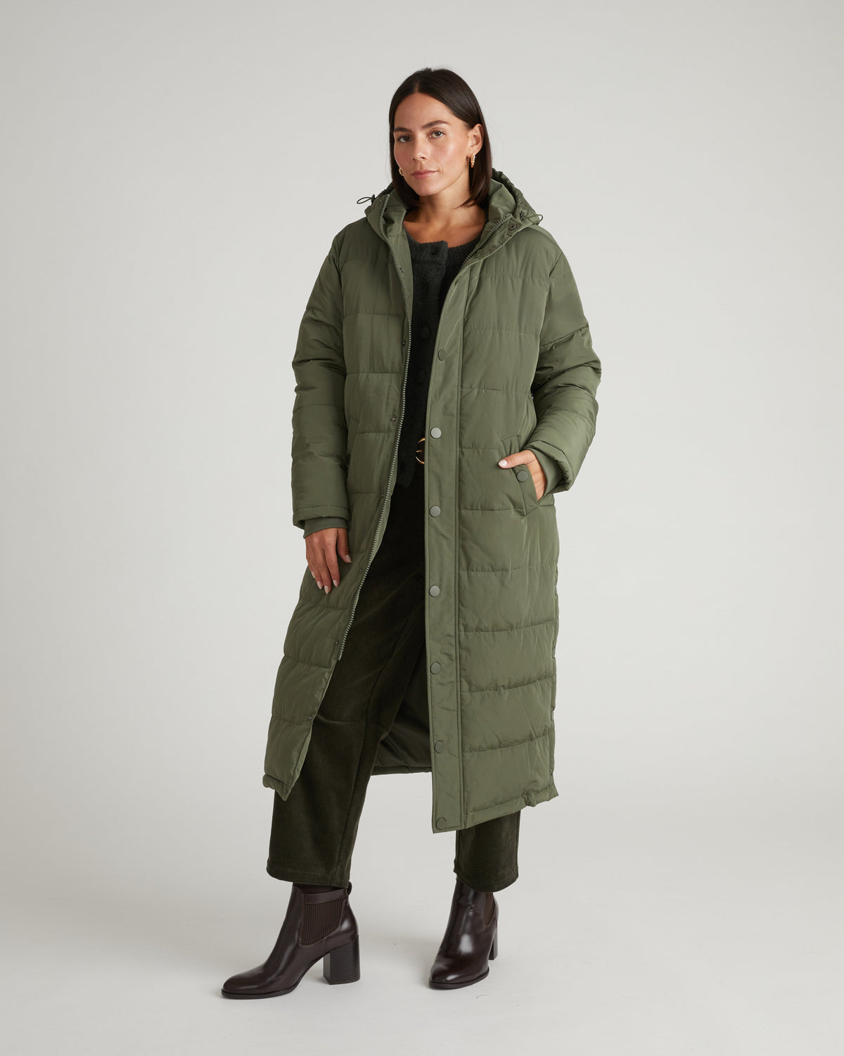 Everest Long Hooded Puffer 2 - Hiking Green