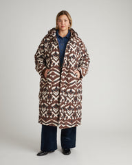 Everest Long Hooded Puffer 2 - Chocolate Ikat Print