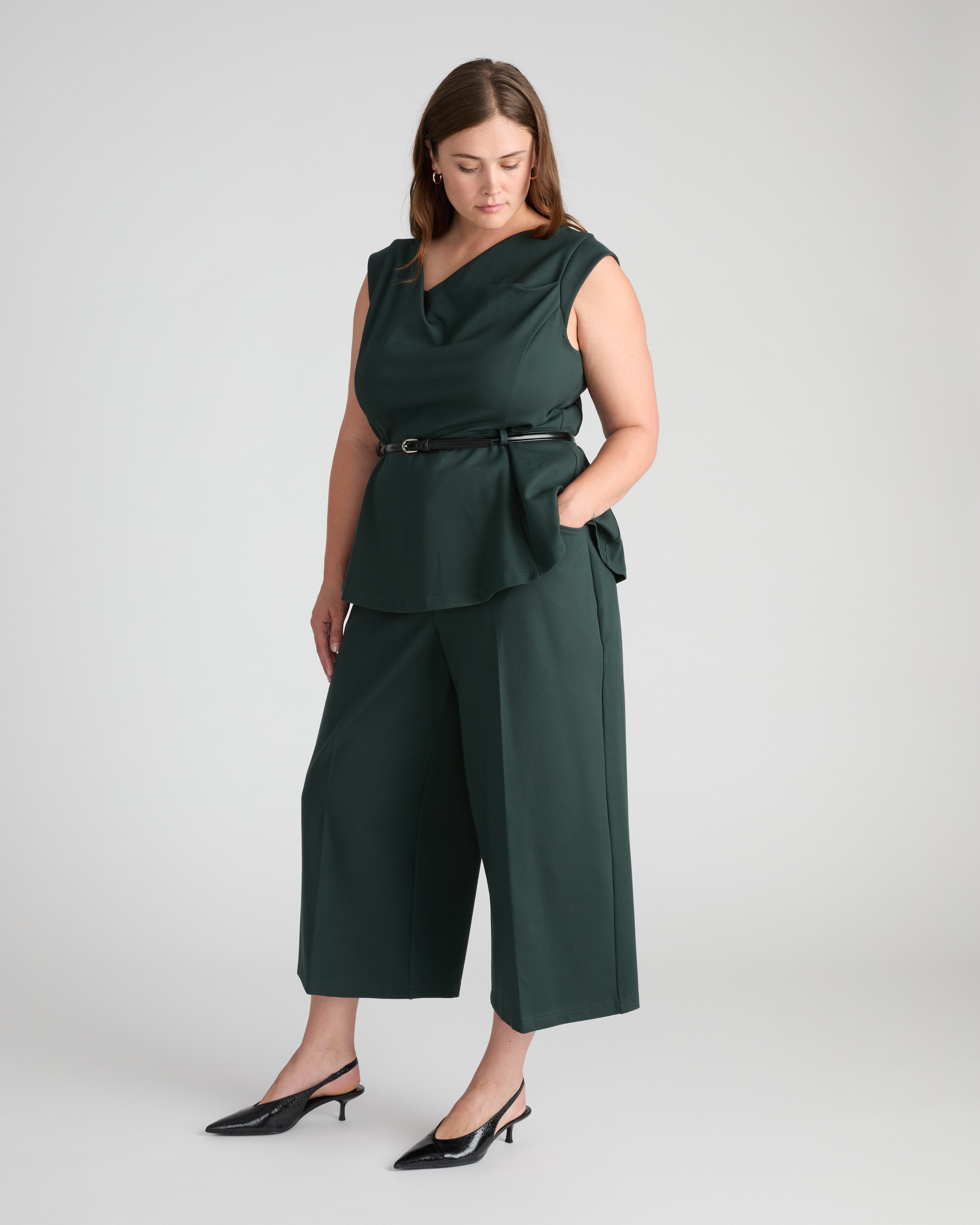 Cropped Wide Leg Ponte Pants - Green Gemstone