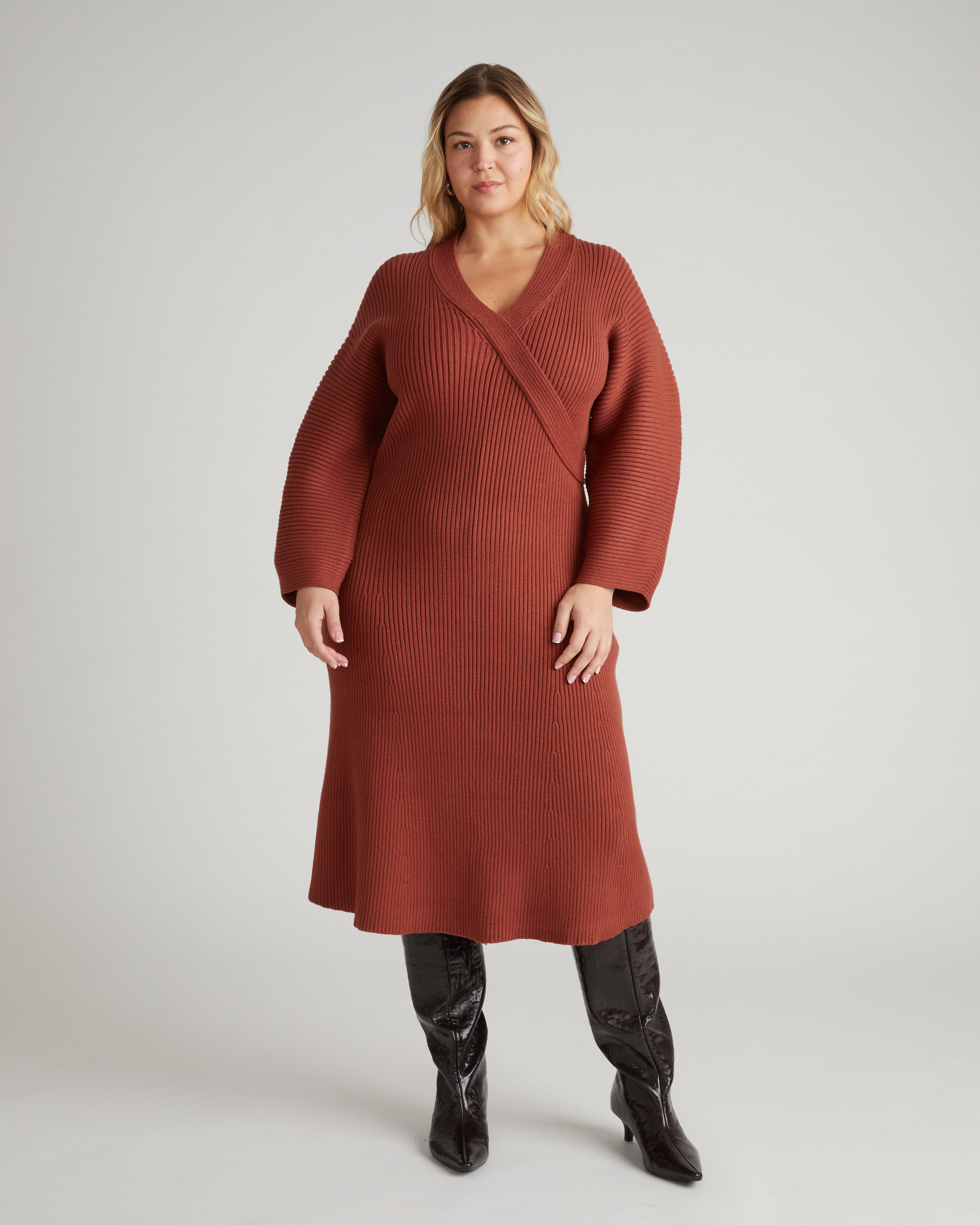 Better-Than-Wool Faux Wrap Dress - Cognac