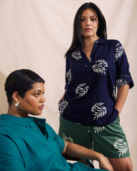 Button Back Linen Blend Polo Shirt - Beachgrass Print in Navy